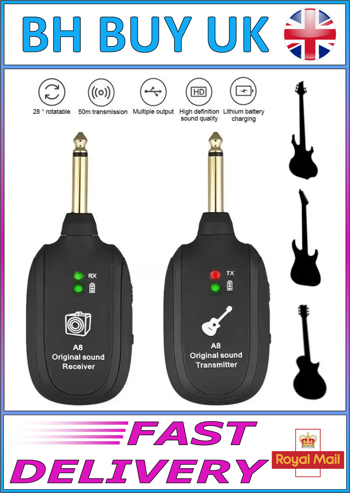 ELECTRIC GUITAR WIRELESS SYSTEM RECHARGEABLE TRANSMITTER & RECEIVER