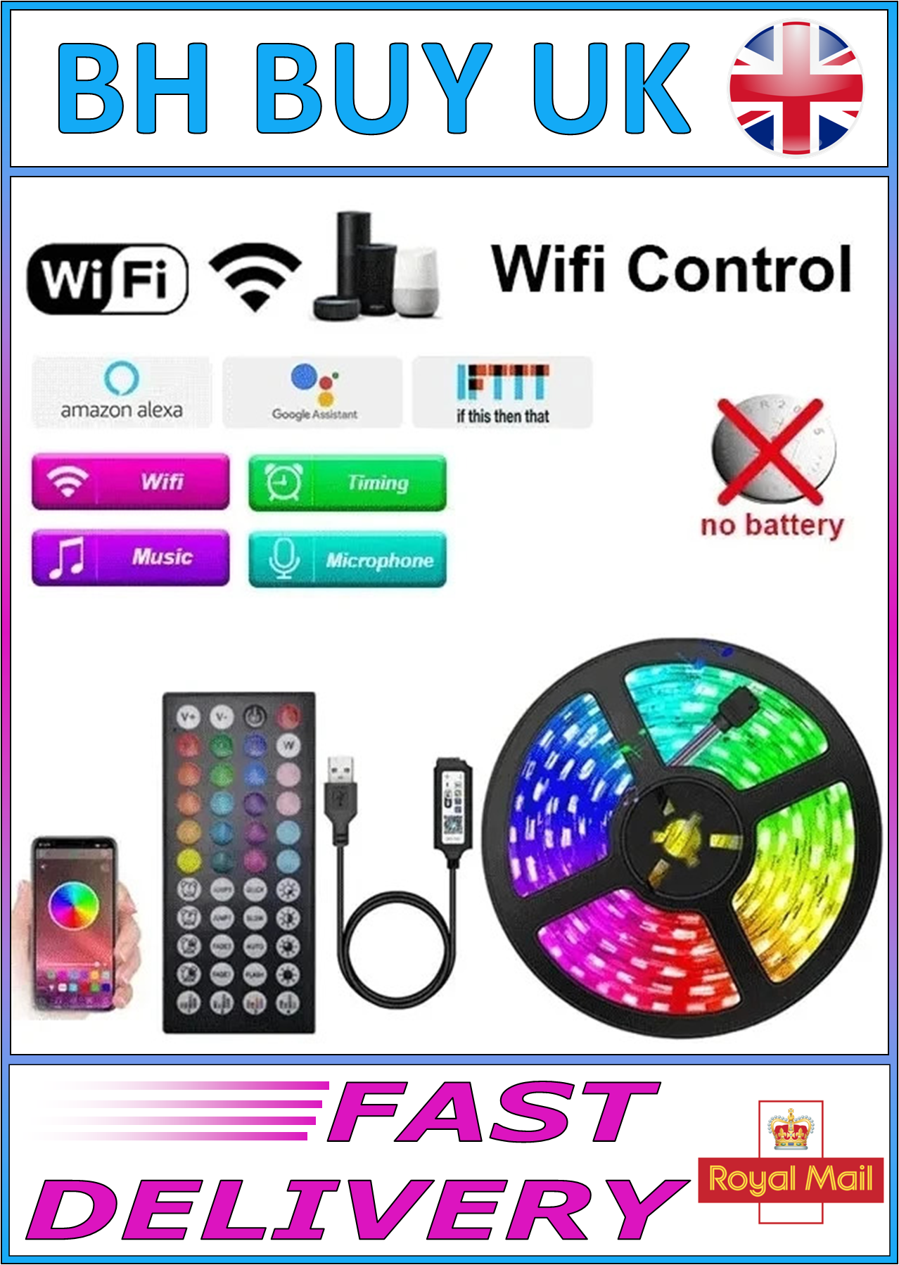10M USB 5050 RGB LED LIGHT STRIP WITH REMOTE & WIFI CONTROL