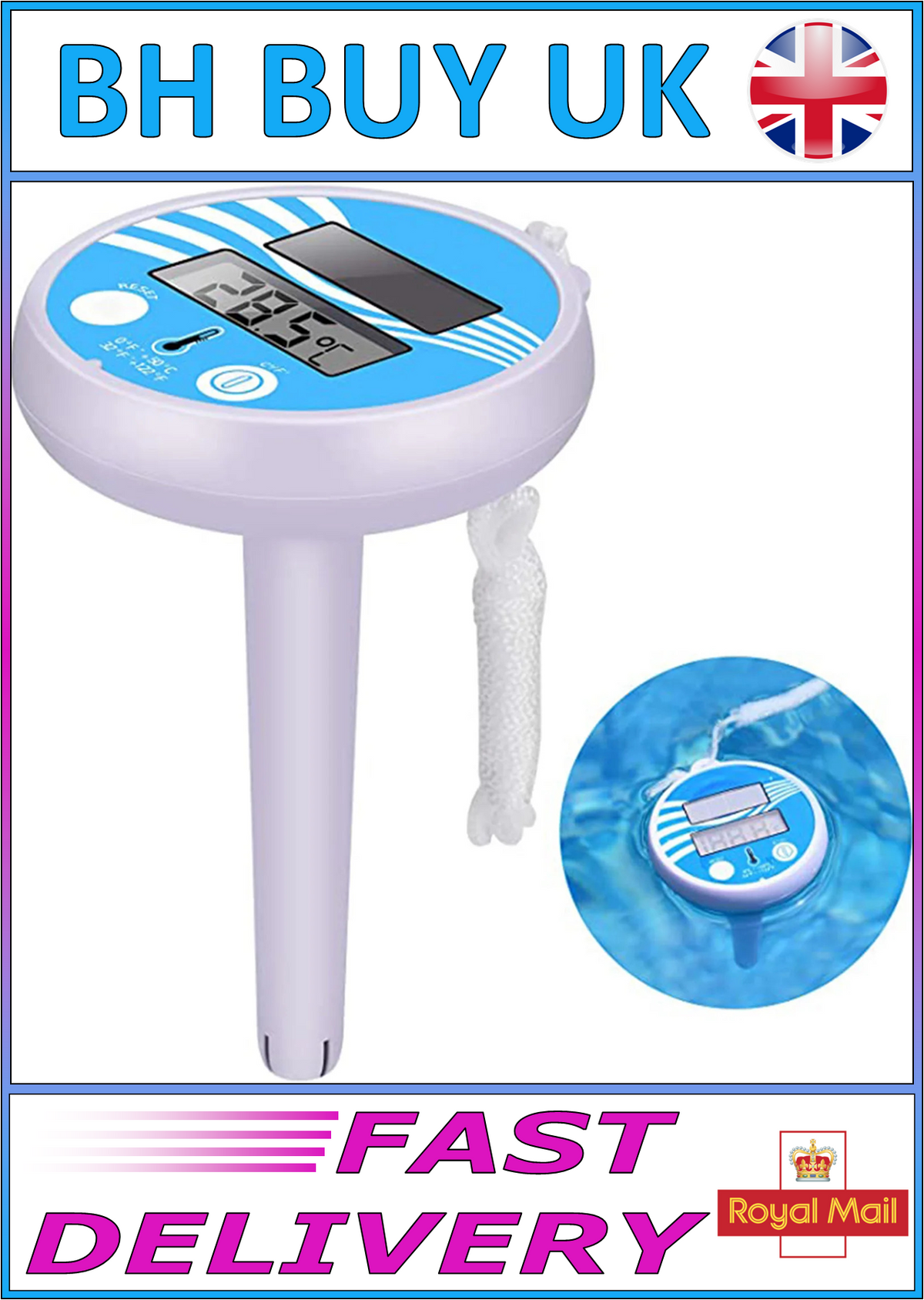 SOLAR POWERED FLOATING POND / POOL THERMOMETER DIGITAL LCD WATER TEMPERATURE UK