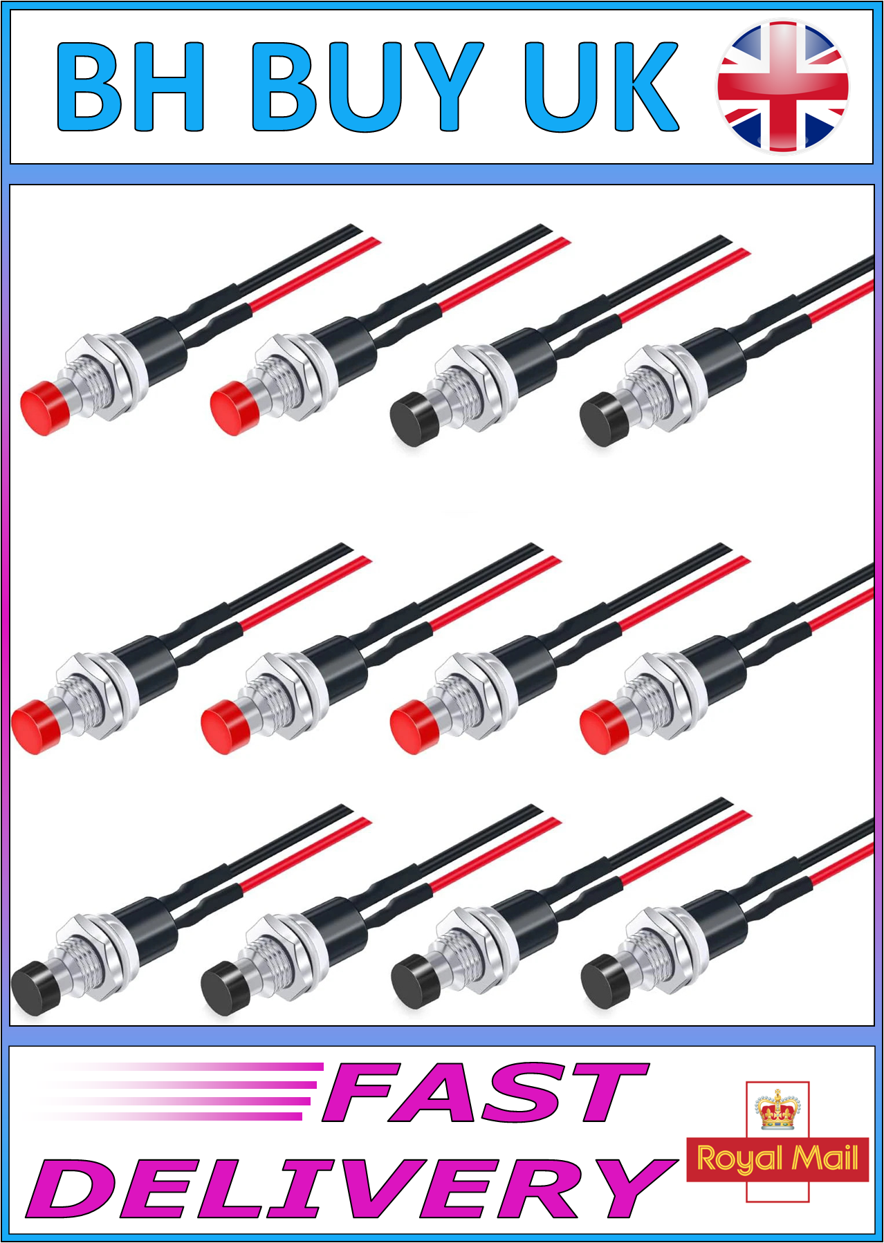 12 x PRE WIRED MINI MOMENTARY PUSH SWITCHES BLACK & RED 7mm SPST