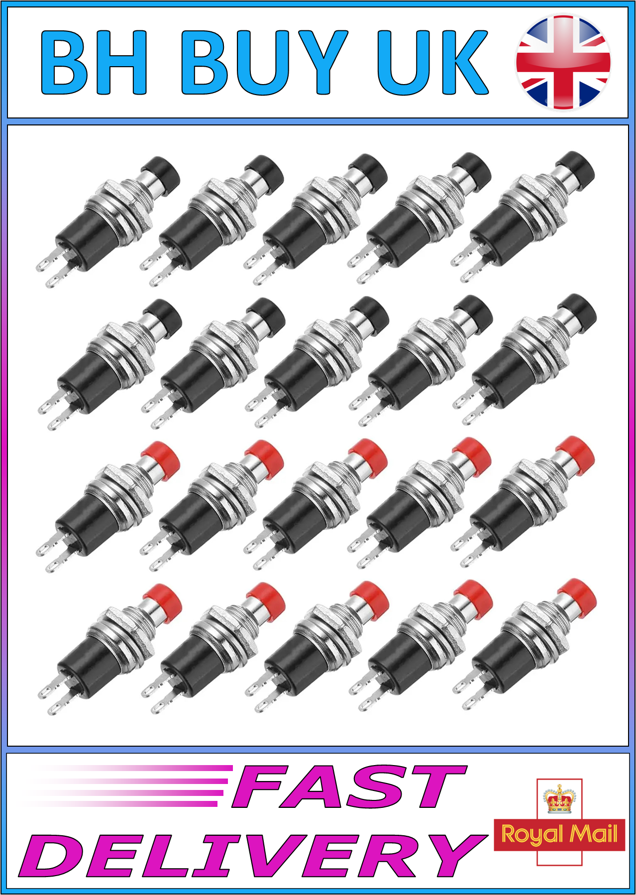20 x MINI MOMENTARY PUSH SWITCHES - 1A 250V AC 7mm NO BLACK & RED