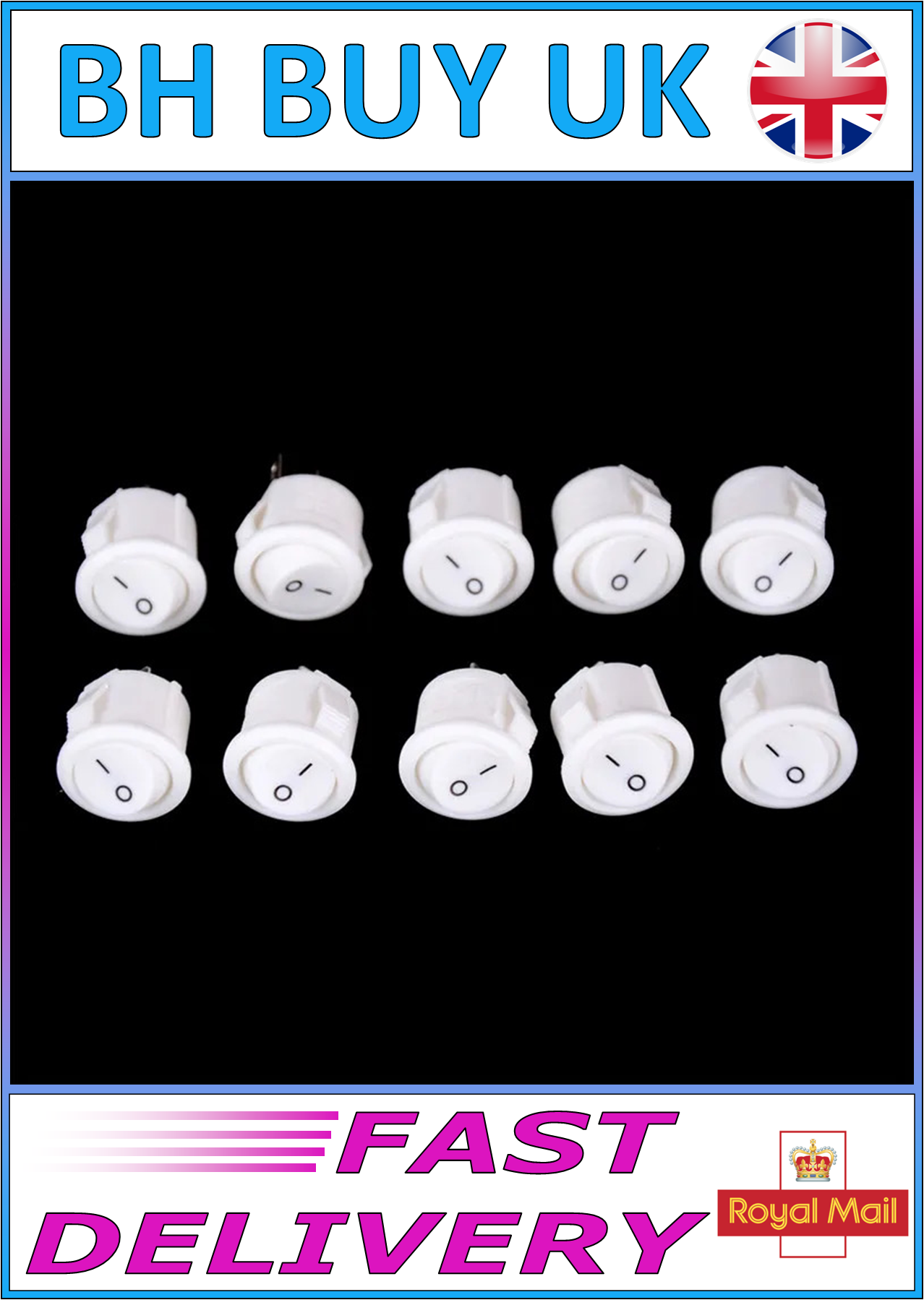 10 x 16mm ROUND WHITE ROCKER SWITCH 2 PIN ON OFF 3A