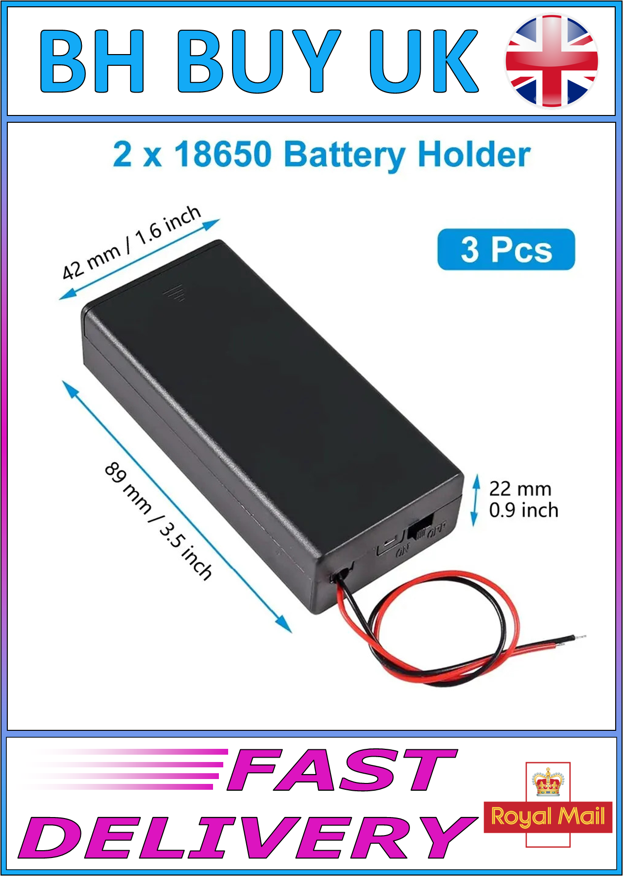 18650 TWIN SWITCHED BATTERY HOLDER x 3