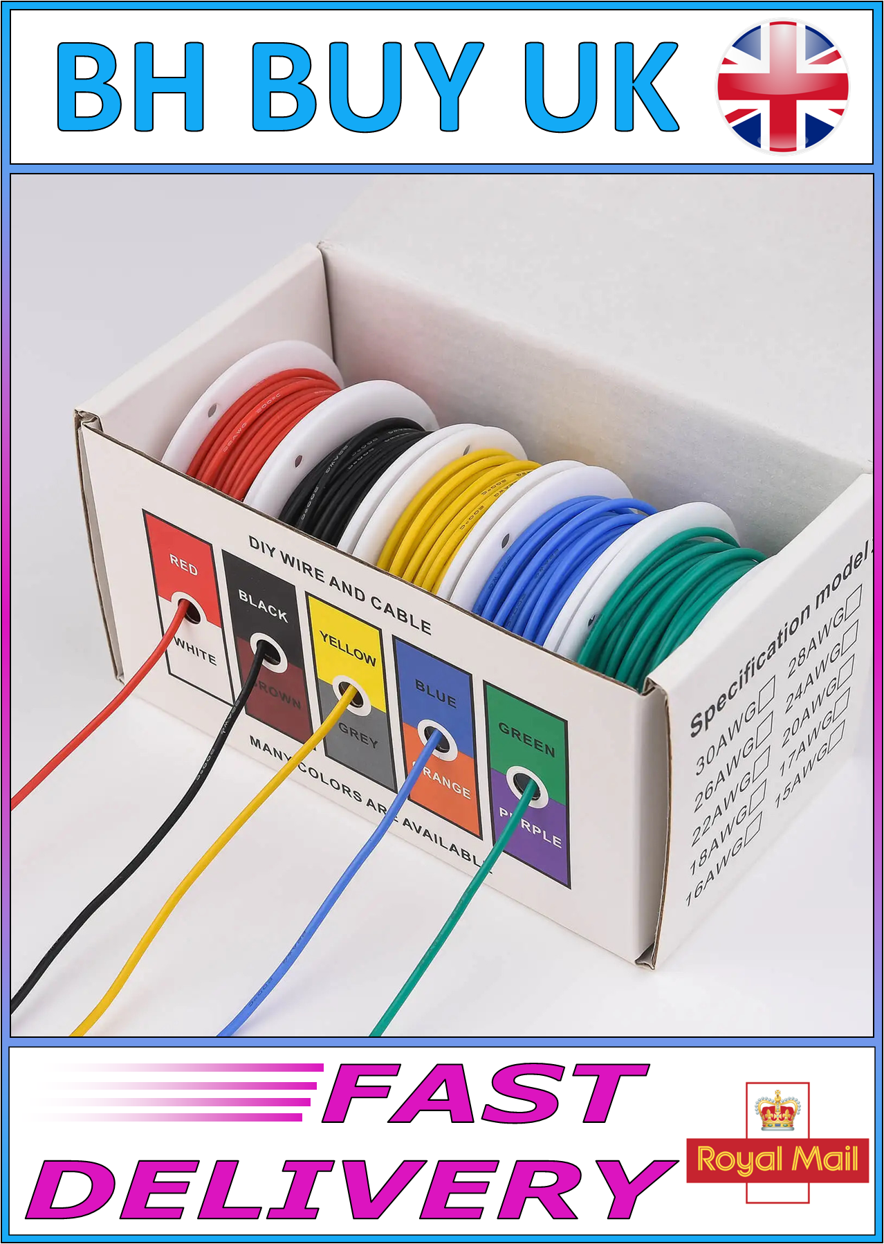 22 AWG FLEXIBLE STRANDED ELECTRIC WIRE 50m 5 COLOURS