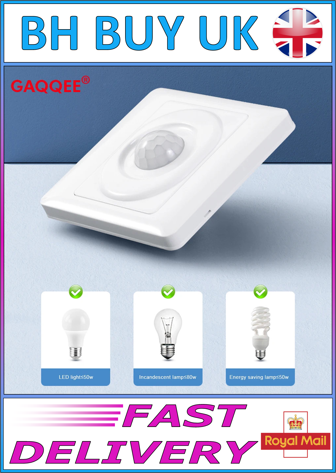 AC 220V LED PIR MOTION SENSOR SINGLE FACE PLATE LIGHT SWITCH