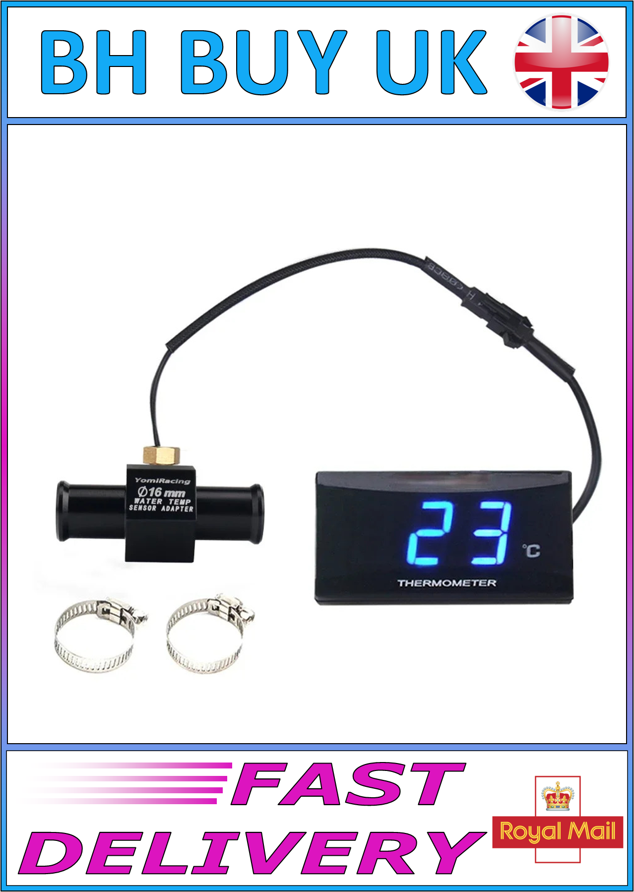 MOTORCYCLE WATER TEMPERATURE MINI METER BLUE SCREEN 16mm & 20mm