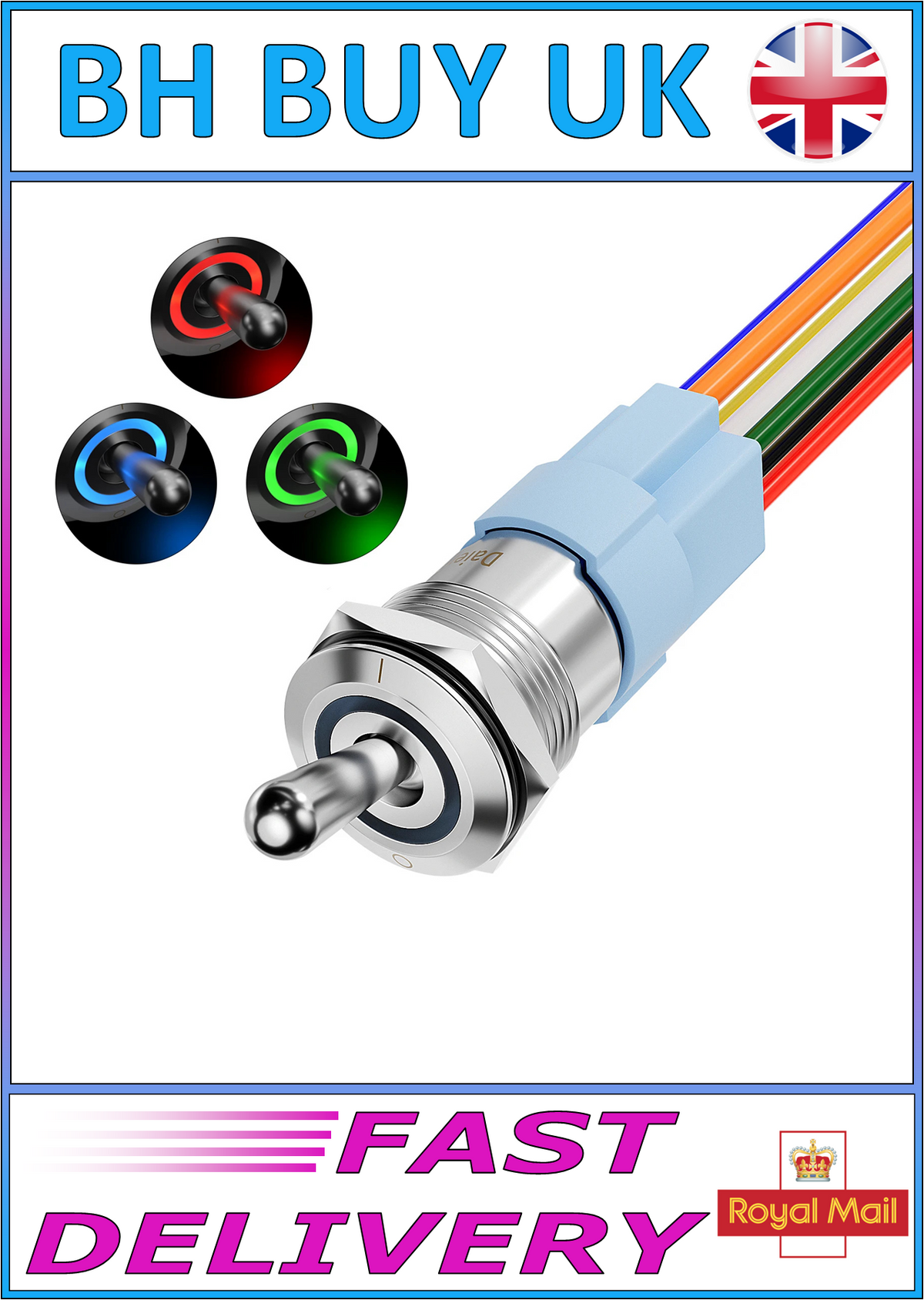 12V RGB ILLUMINATED TOGGLE SWITCH 20A – ON/OFF 16MM PANEL MOUNT IP67