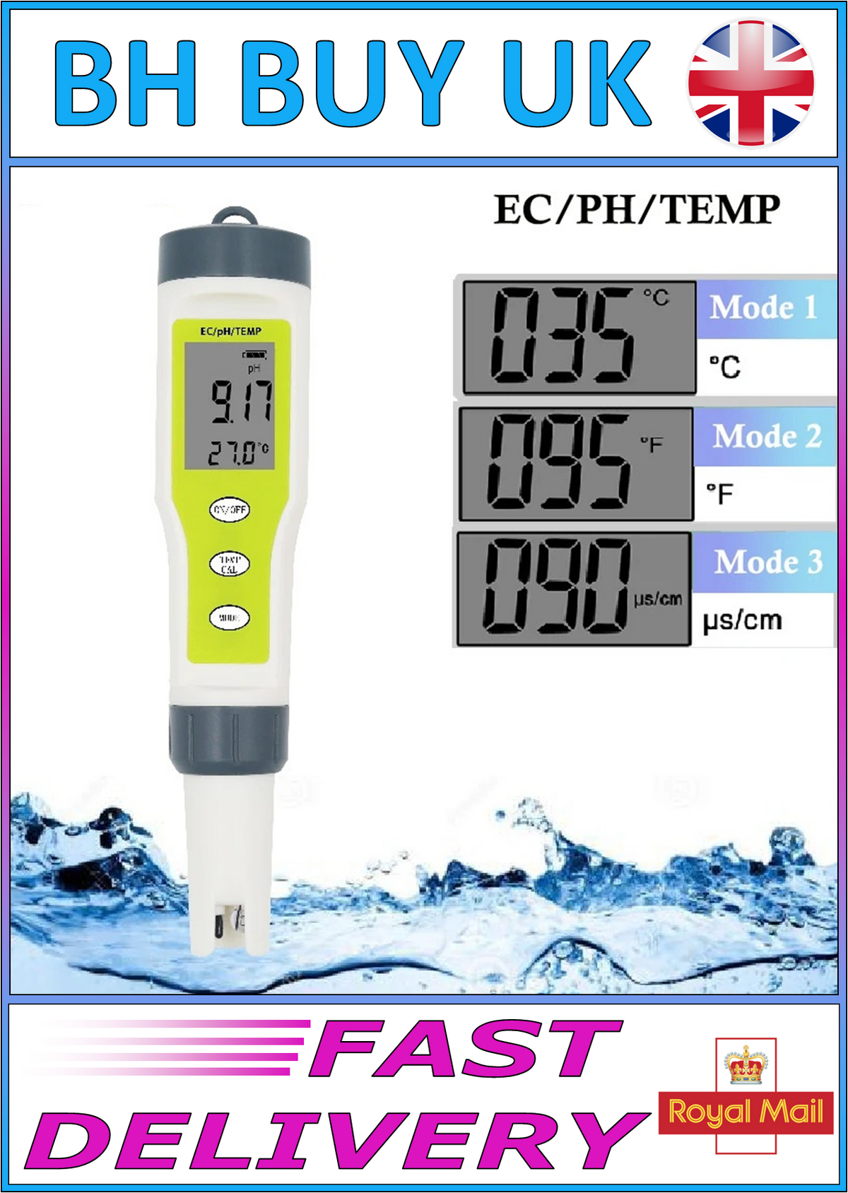 3 IN 1 DIGITAL WATER TESTER PH EC TEMPERATURE METER REPLACEABLE PROBE GREEN