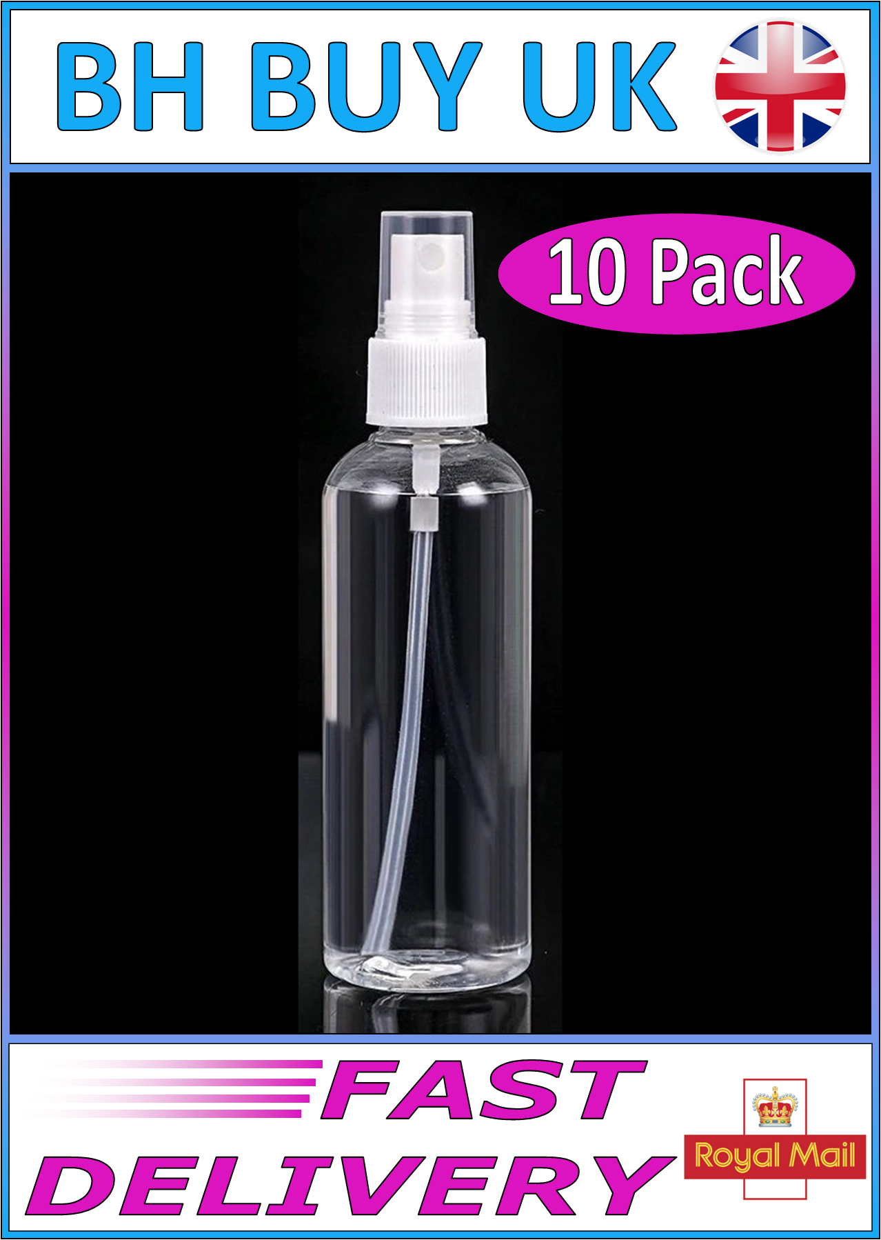 10 x 100ml CLEAR PLASTIC SPRAY BOTTLES WITH CAPS