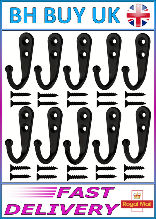 10 x WALL HOOKS WITH SCREWS - CHROME or BLACK