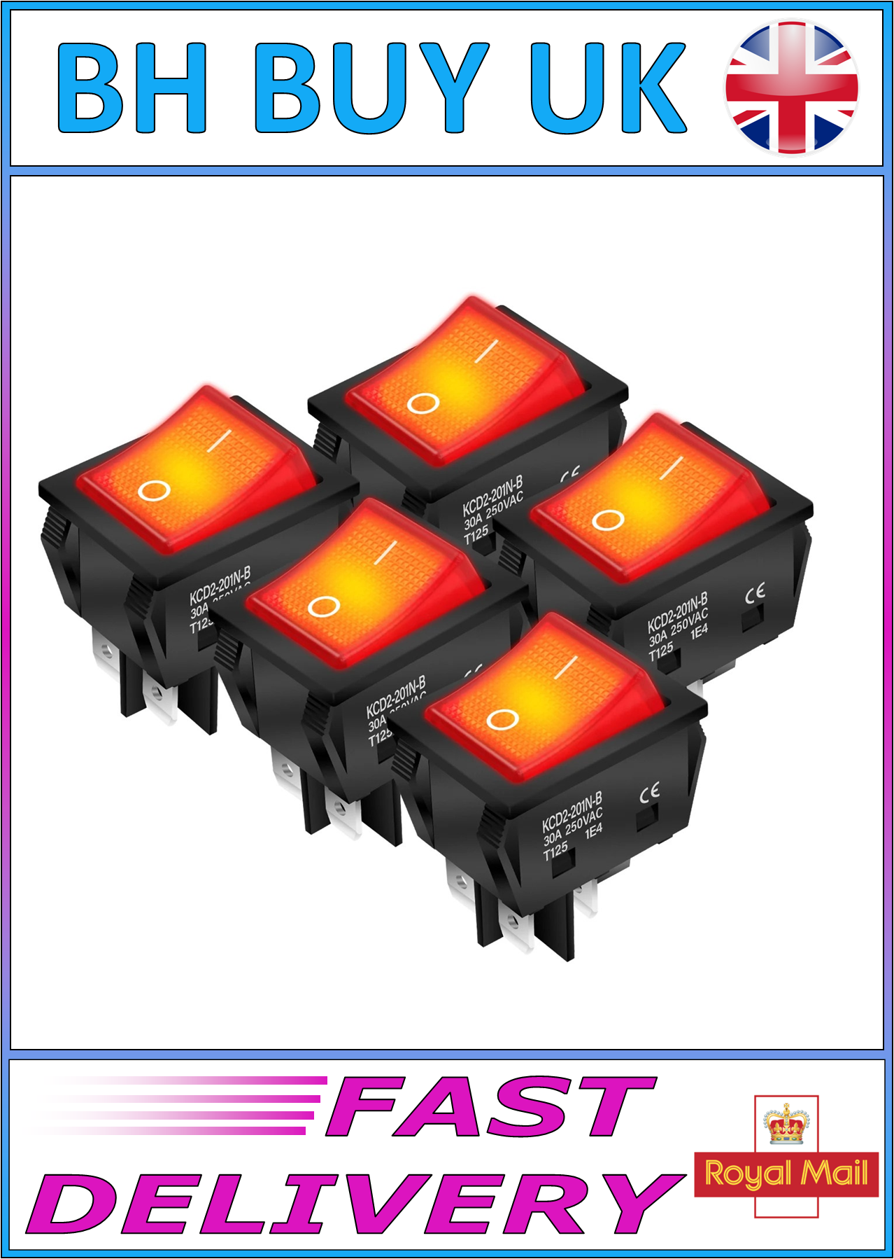 5 x 30A 250V HEAVY DUTY KCD2 ROCKER SWITCH 4 PIN RED LED