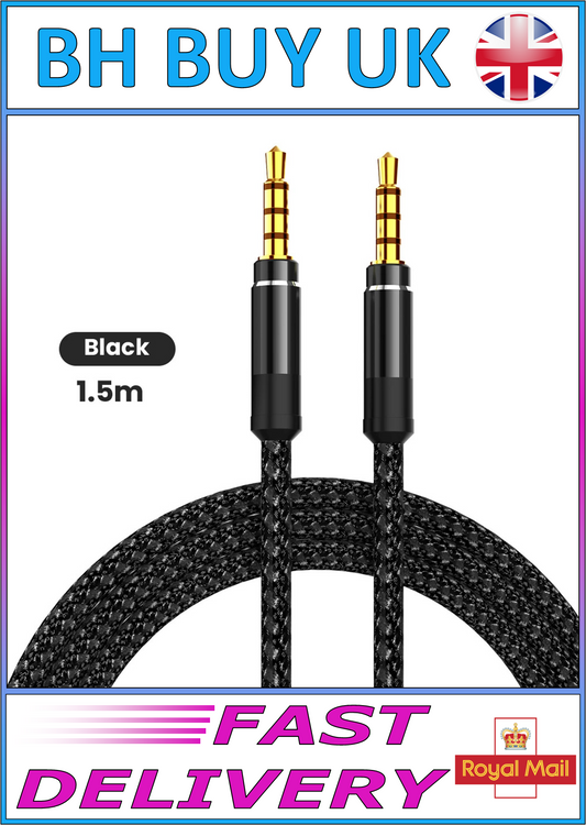 1.5m BRAIDED 3.5mm HEADPHONE JACK EXTENSION - MALE - MALE, BLACK