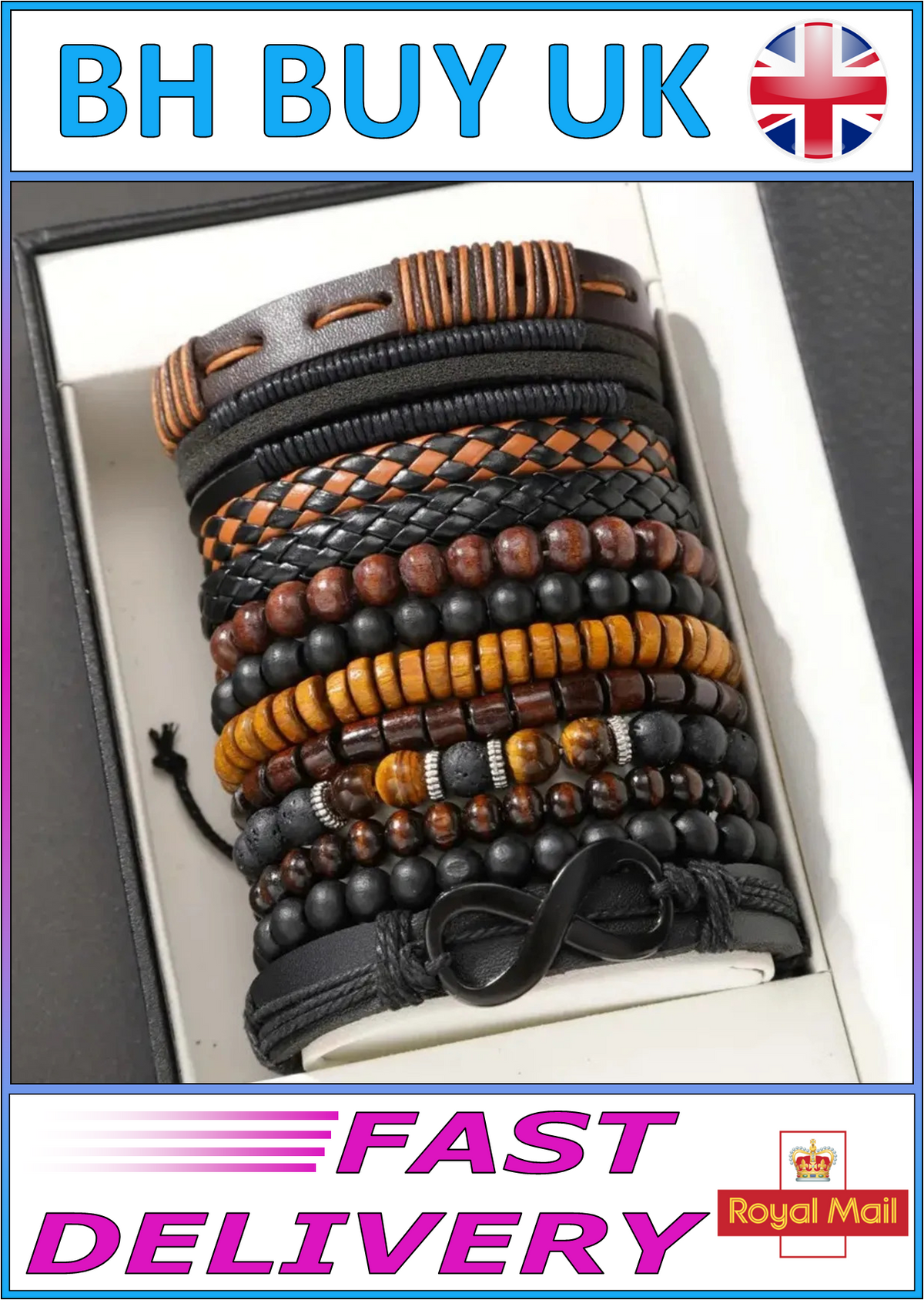 12 x VINTAGE TIGER'S EYE & MOONSTONE STYLE BRACELET SET – WOVEN FAUX LEATHER 03