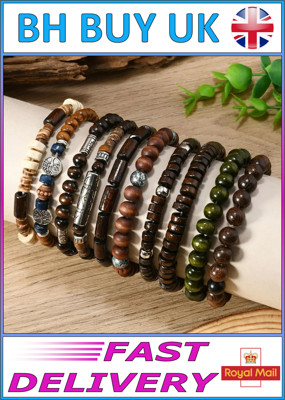 10 x WOODEN BEADED BRACELETS FOR MEN – BOHO ETHNIC TREE OF LIFE VINTAGE SET 07