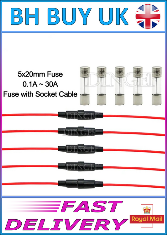 PACK OF 5 - 5x20mm INLINE GLASS FUSE HOLDERS & 5A FUSES