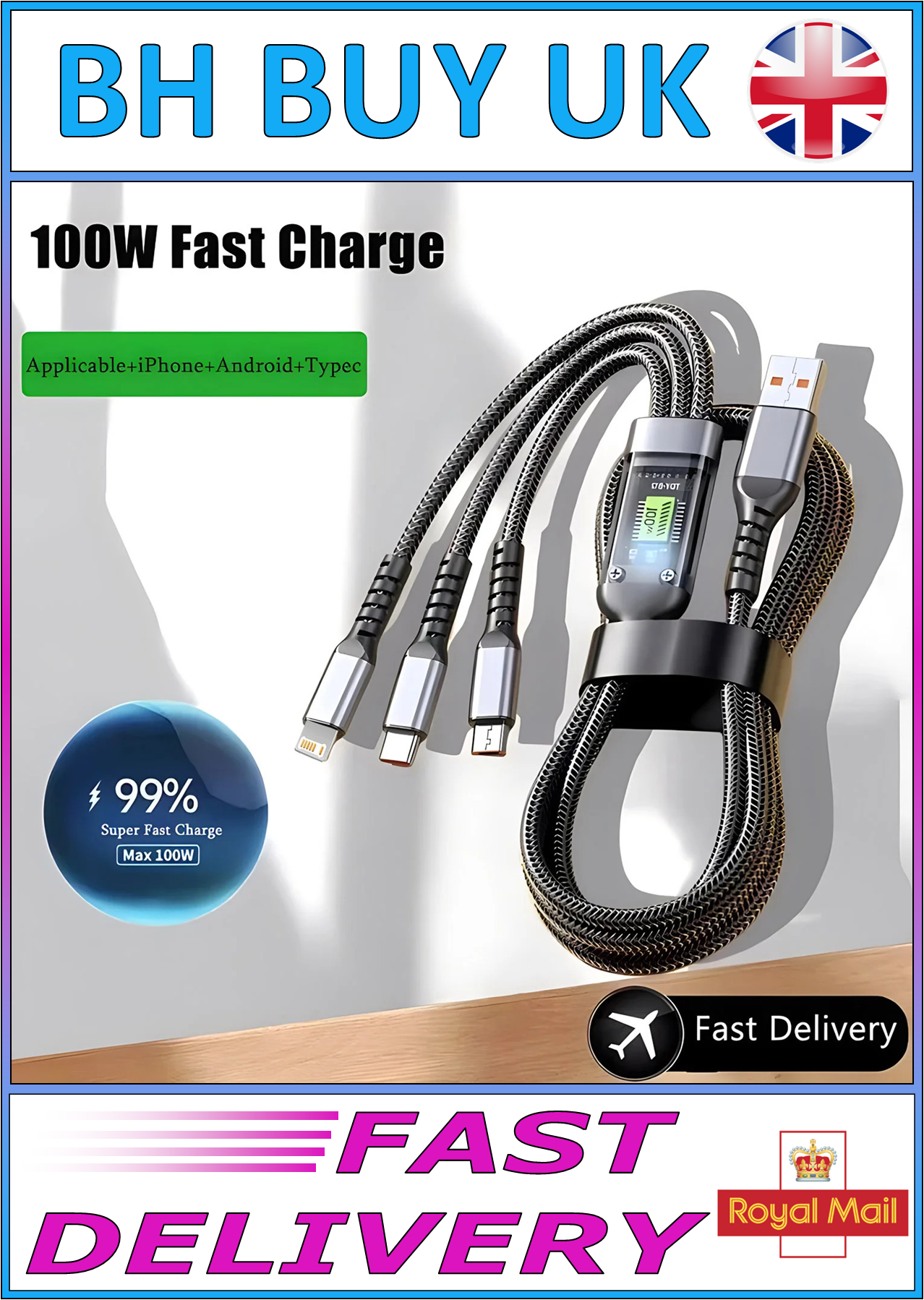 100w FAST CHARGING MULTI WAY CABLE, TYPE C MICRO USB LIGHTNING