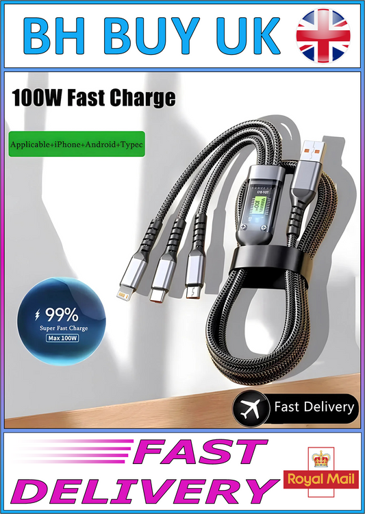 100w FAST CHARGING MULTI WAY CABLE, TYPE C MICRO USB LIGHTNING