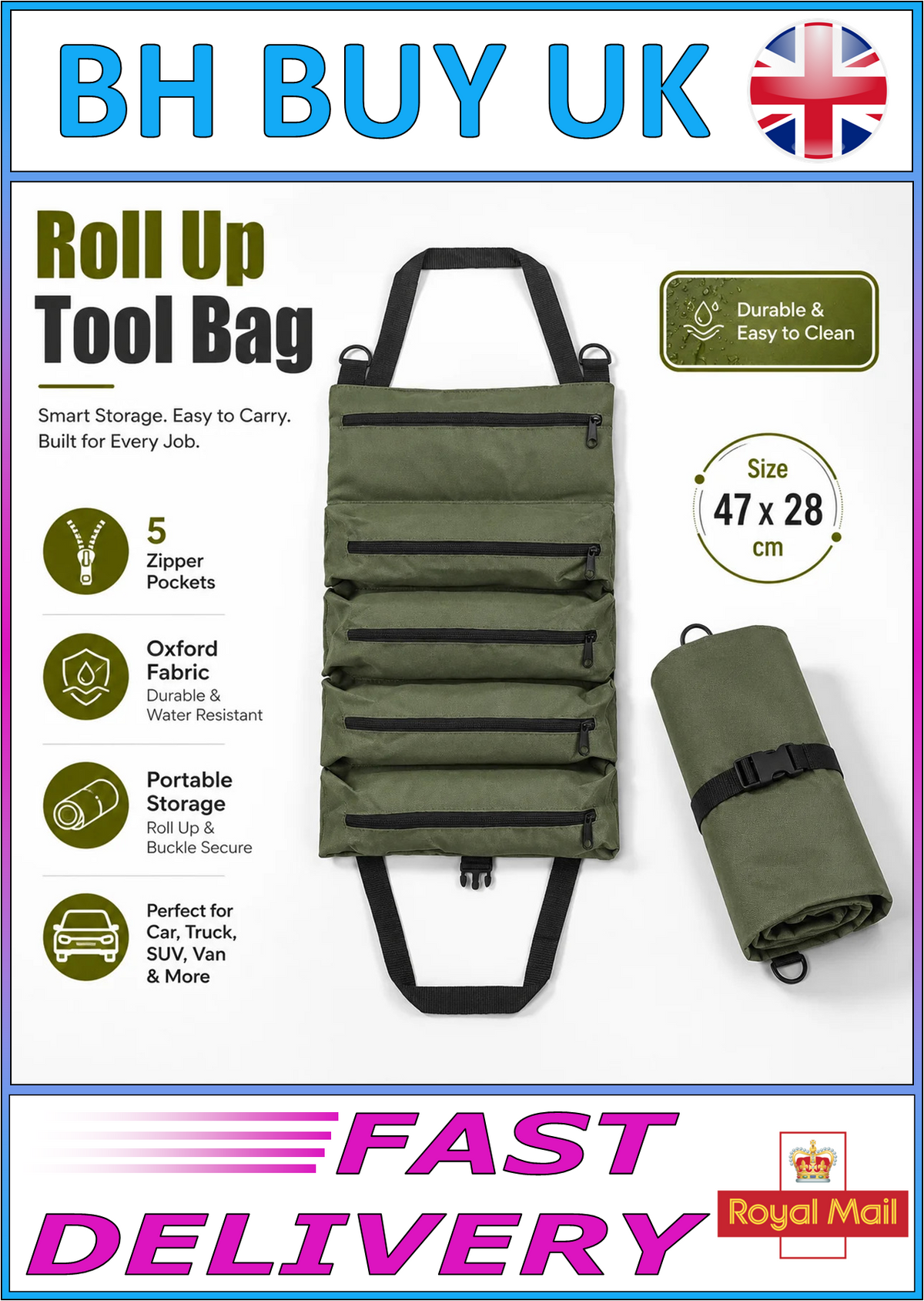 ROLL UP TOOL BAG ORGANISER 5 POCKET OXFORD TOOL STORAGE POUCH GARAGE CAR DIY