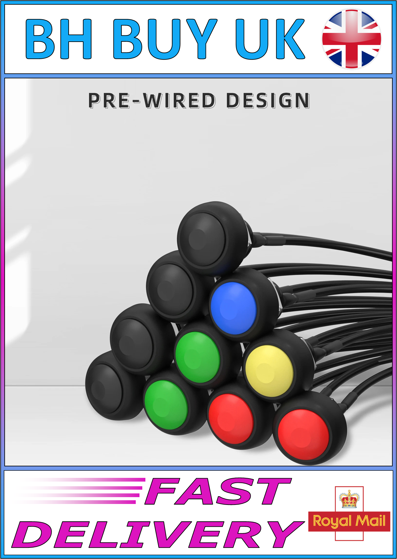5  x 12mm WATERPROOF ROUND MOMENTARY PUSH SWITCHES - PRE WIRED