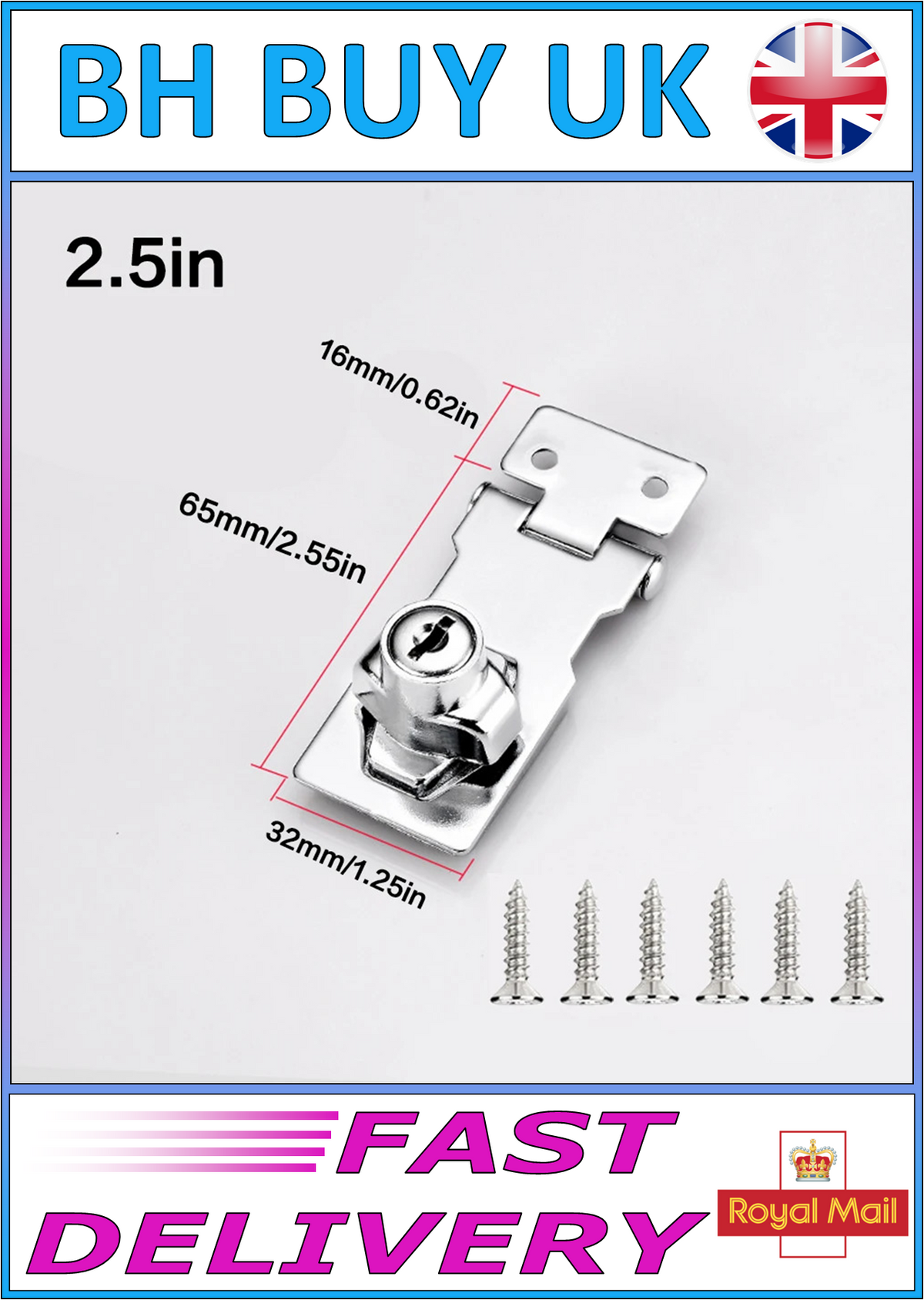 2.5 INCH KEYED LOCKING HASP STAPLE ZINC ALLOY SECURITY DOOR CABINET SHED LOCK SILVER