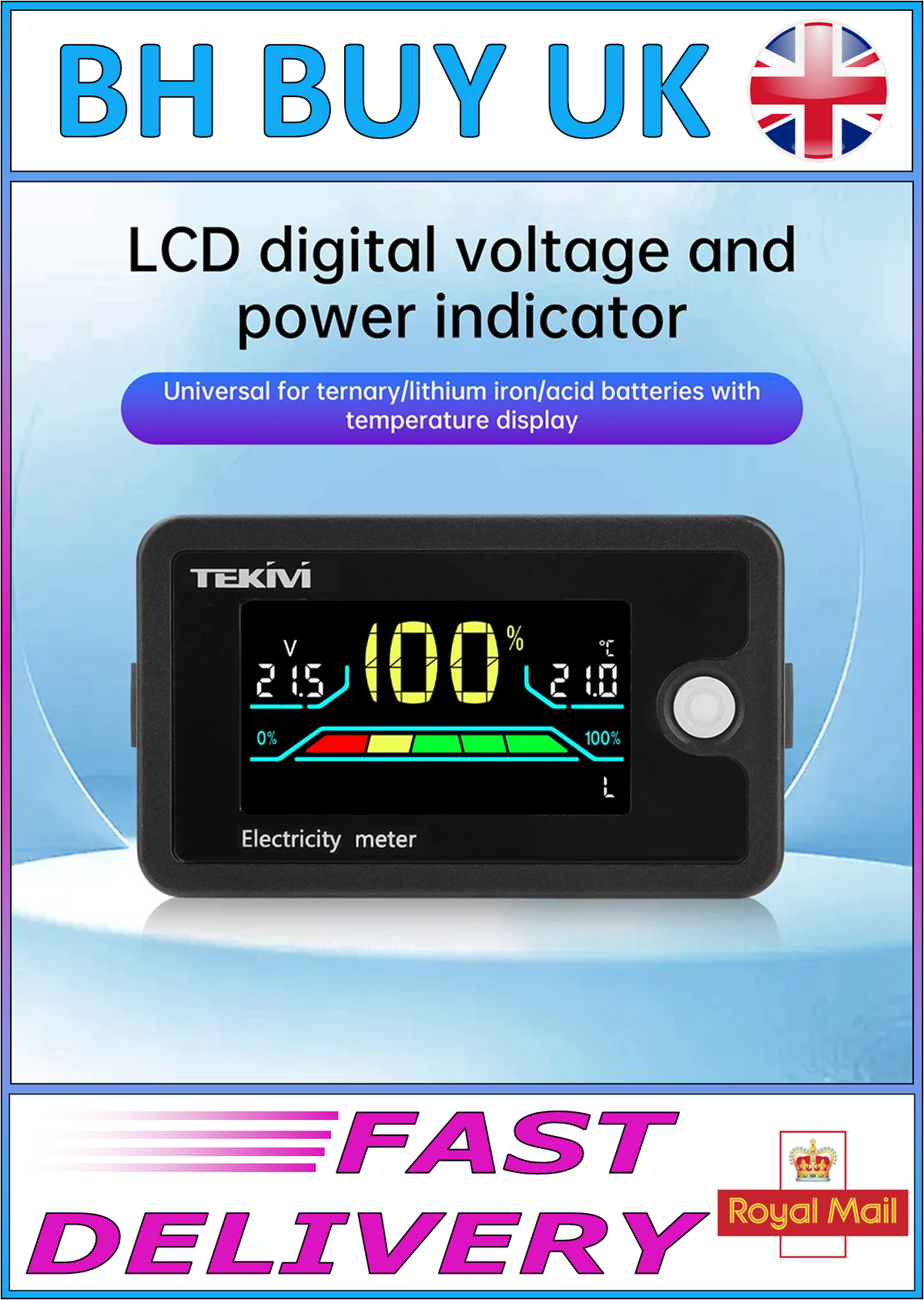WATERPROOF DIGITAL VOLTAGE METER DC 8-100V LCD DISPLAY BATTERY LEVEL INDICATOR