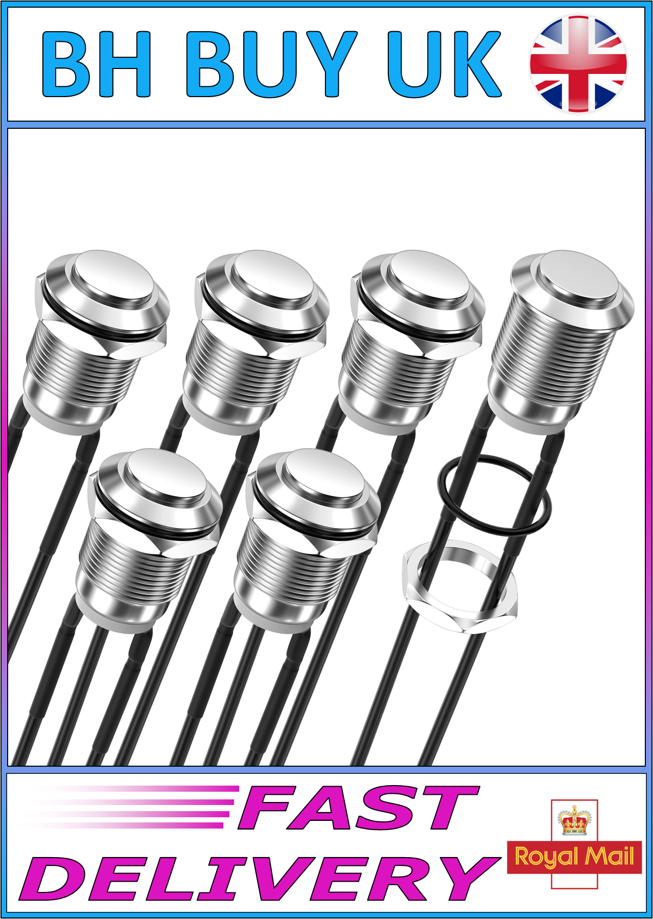 6 x STAINLESS STEEL MOMENTARY PUSH SWITCH 12mm PRE WIRED