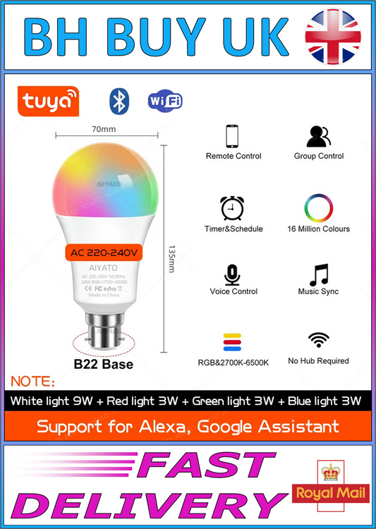 WIFI SMART BULB 18w - COLOUR CHANGING - GOOGLE HOME & ALEXA - B22 BASE