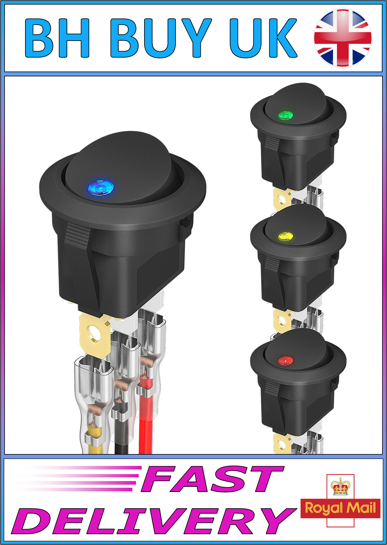4 x ROUND ROCKER SWITCH WITH LED PRE WIRED 12V 20A