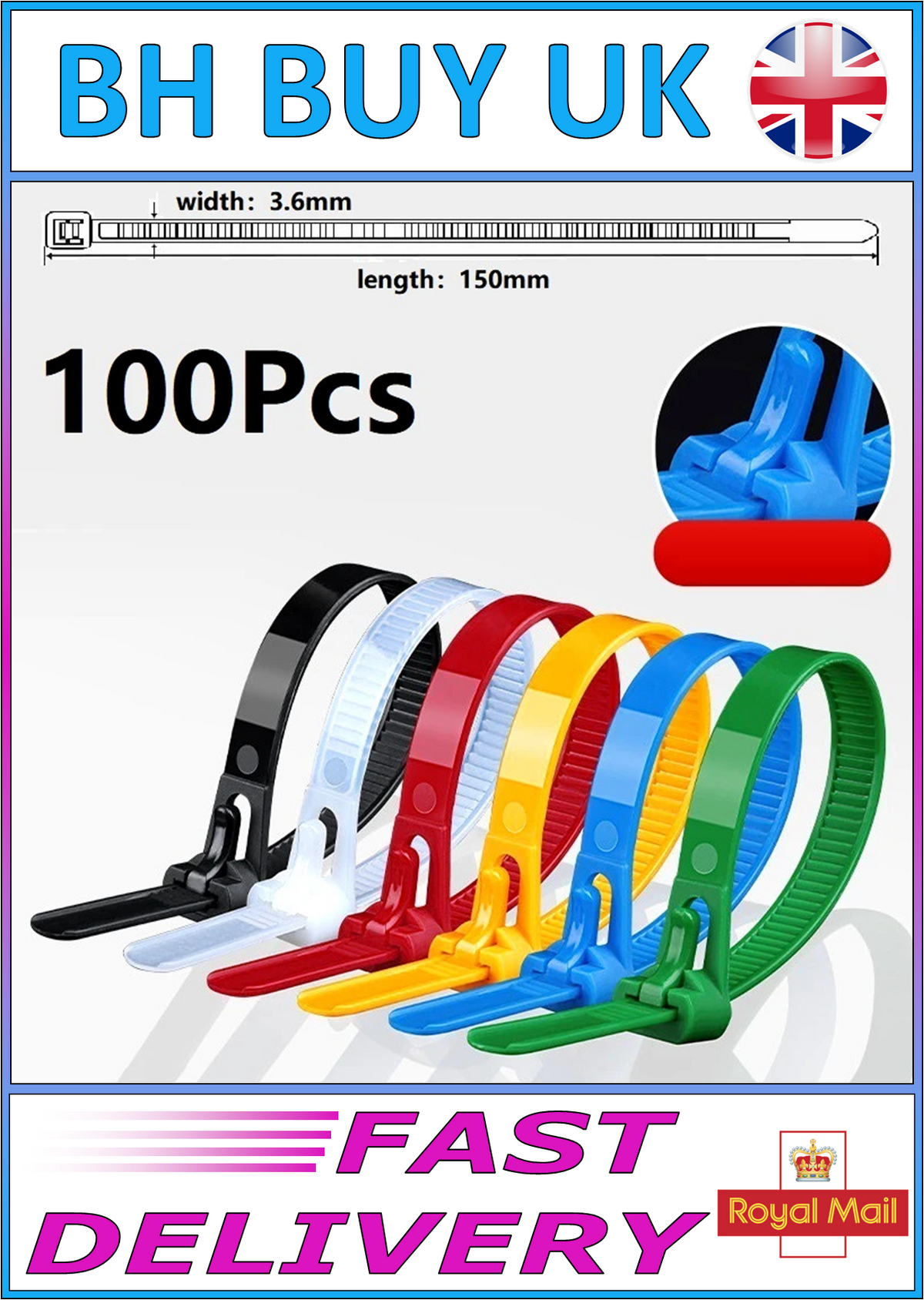 100 x REUSABLE NYLON CABLE TIES 150MM