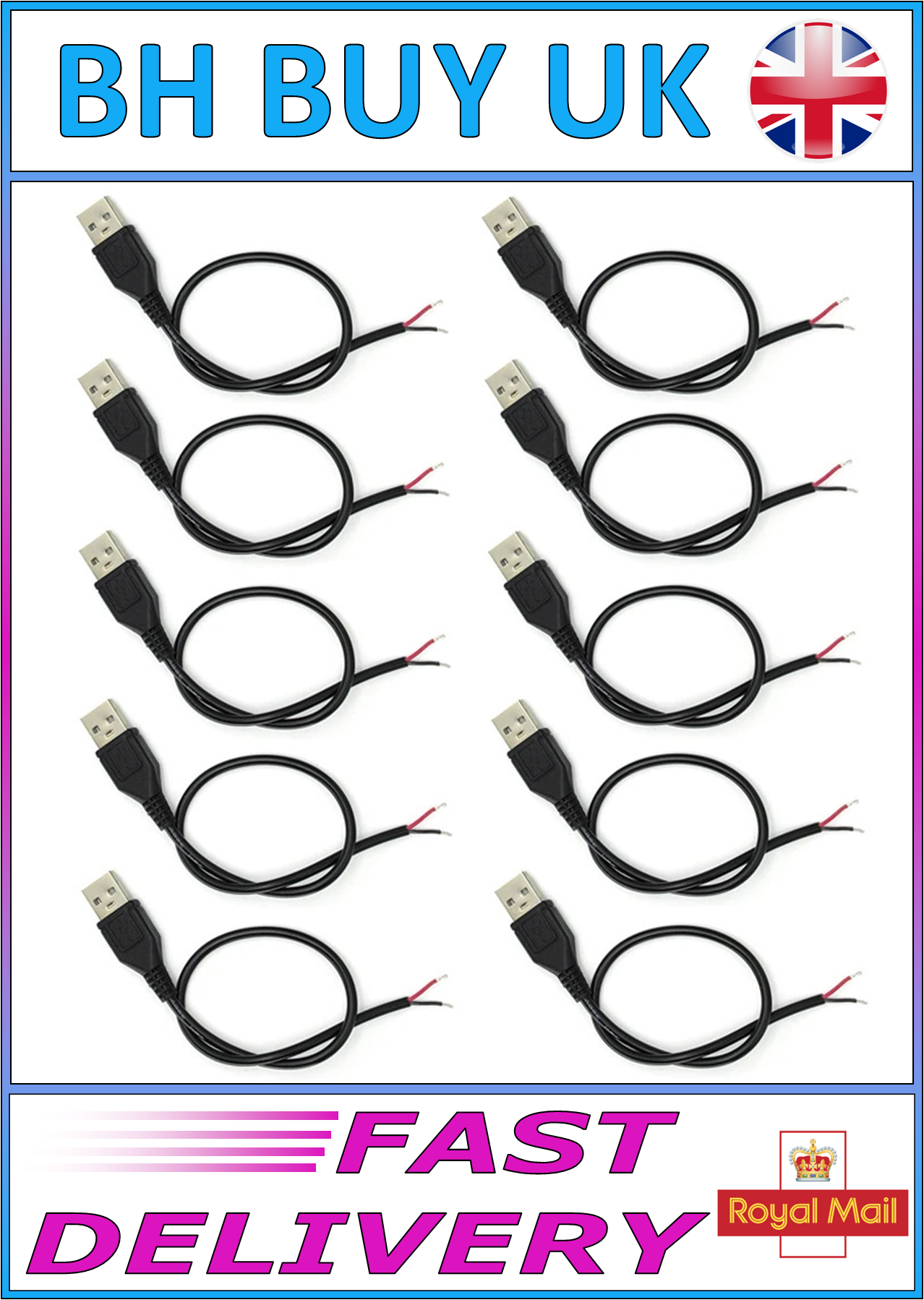 10 x USB 2.0 MALE PRE WIRED 2 PIN