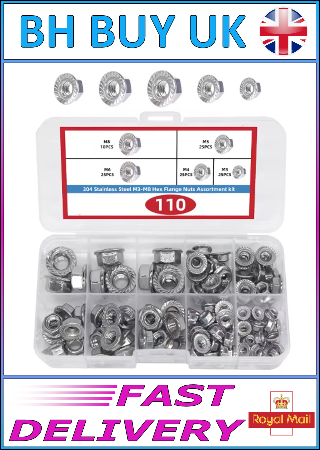 110 x STAINLESS STEEL M3 - M8 HEX FLANGE NUTS