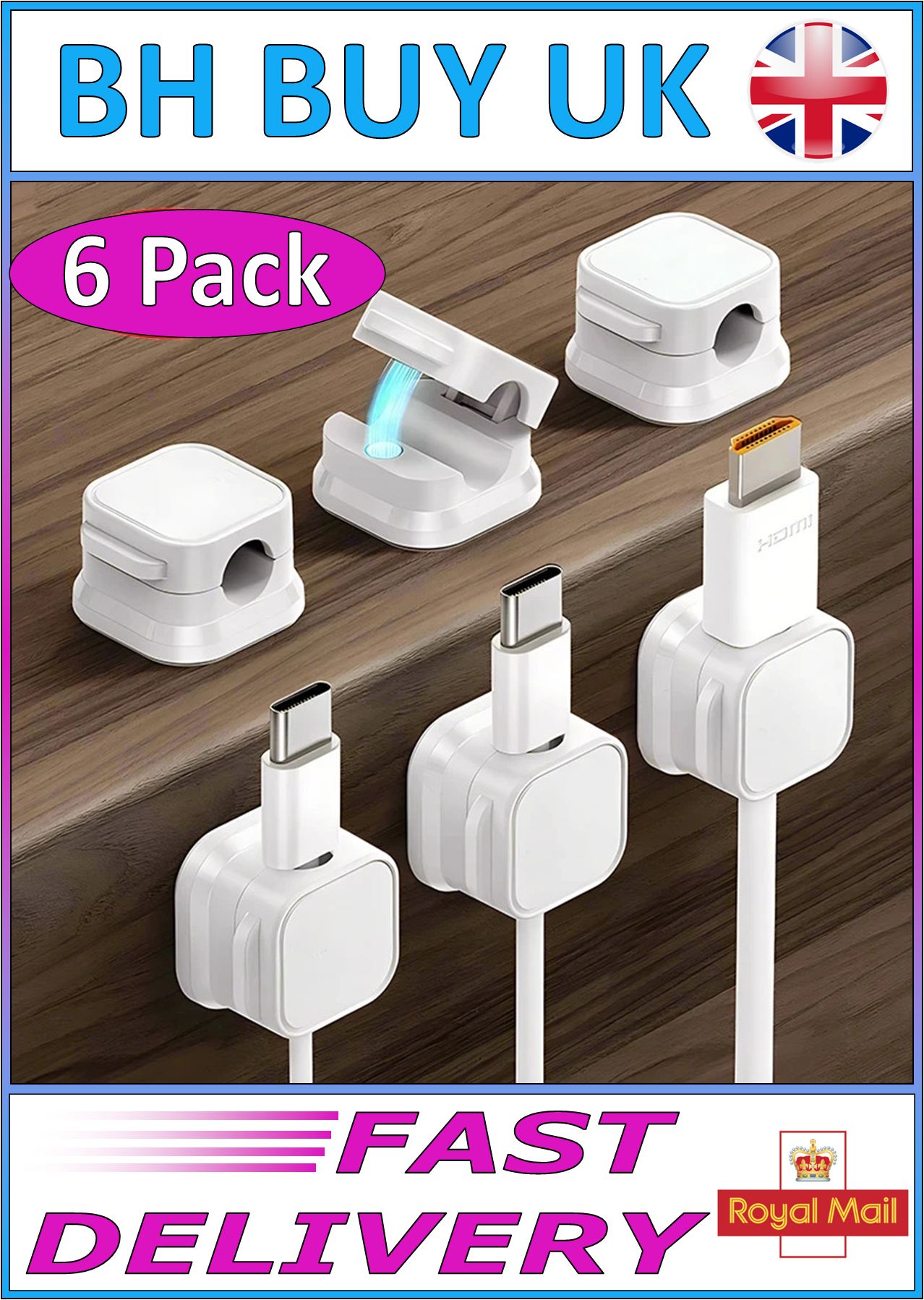 6 x MAGNETIC WIRE CLIP HOLDERS TIDYS BLACK & WHITE SELF ADHESIVE