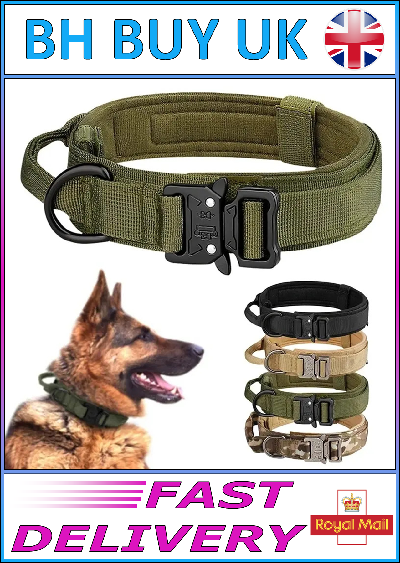 TACTICAL DOG COLLAR - BLACK GREEN KHAKI CAMO M L XL, METAL BUCKLE