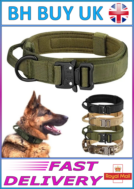 TACTICAL DOG COLLAR - BLACK GREEN KHAKI CAMO M L XL, METAL BUCKLE