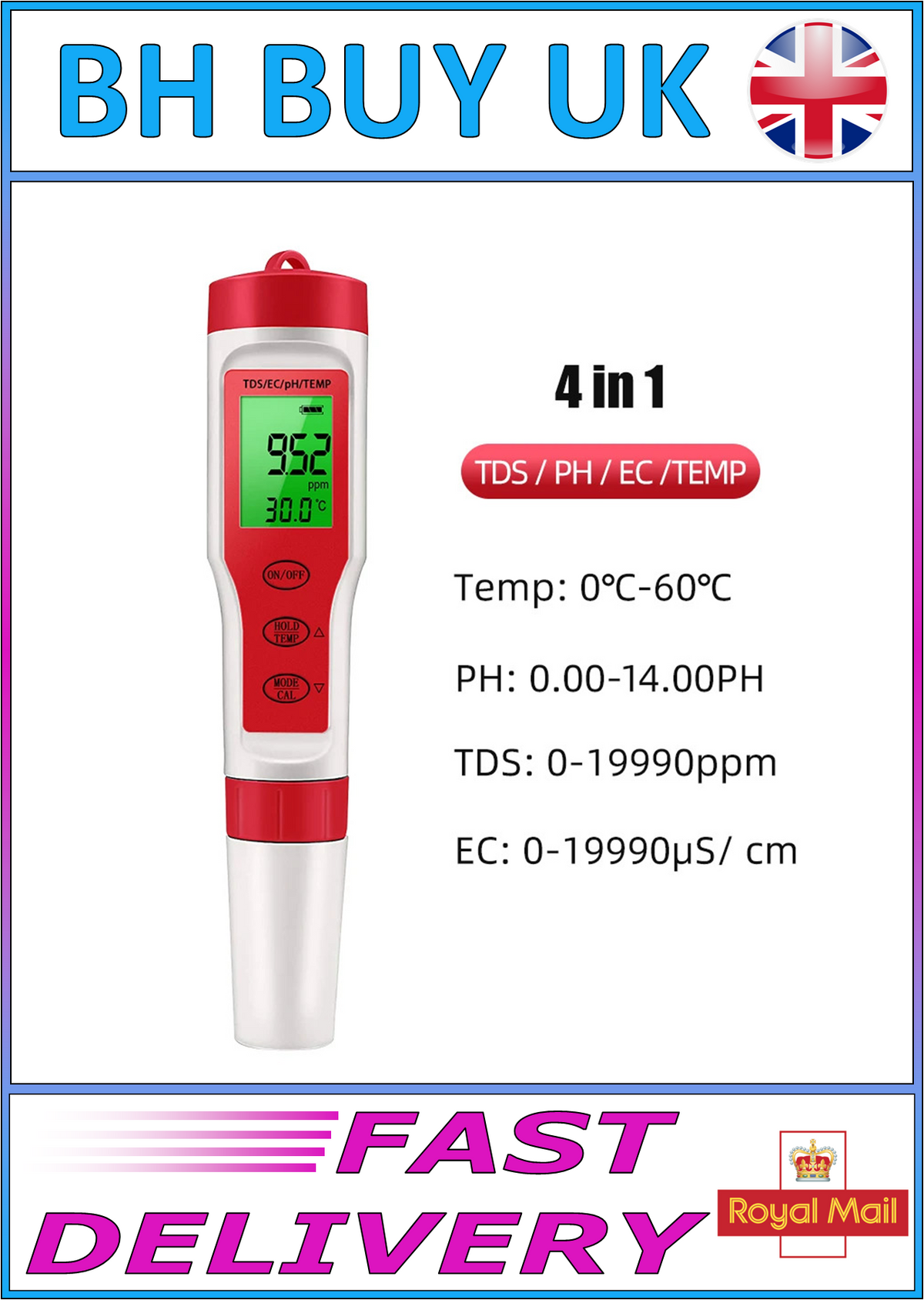 4-IN-1 DIGITAL WATER QUALITY TESTER – TDS, EC, PH & TEMPERATURE METER RED
