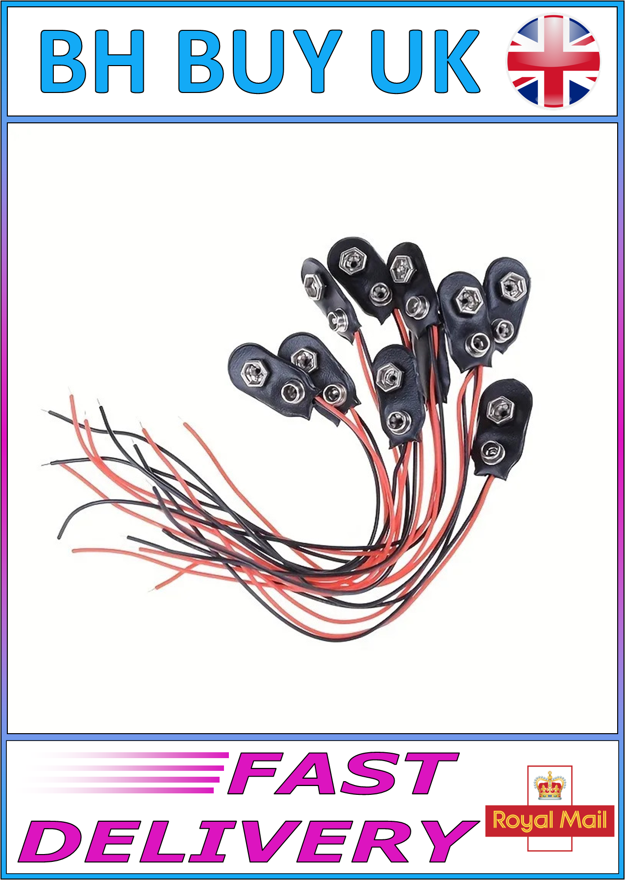 10 x 9V BATTEY CLIPS CONNECTORS - 15CM CABLE