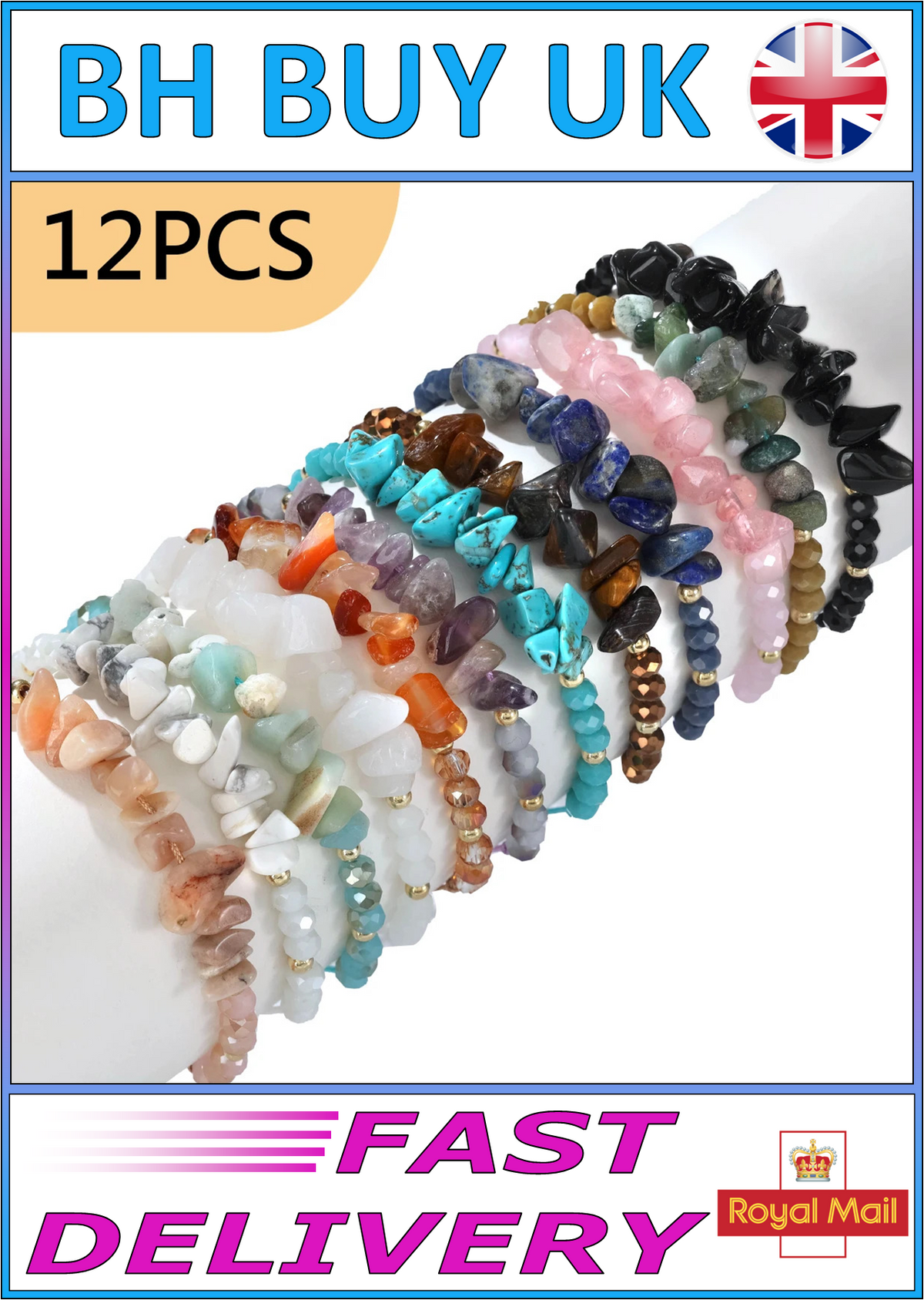 12 x NATURAL STONE STRETCH BRACELET SET – MULTICOLOUR UNISEX BEADED JEWELLERY 02