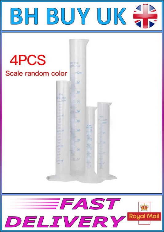 4 x PLASTIC MEASURING CYLINDERS 10ml 25ml 50ml 100ml