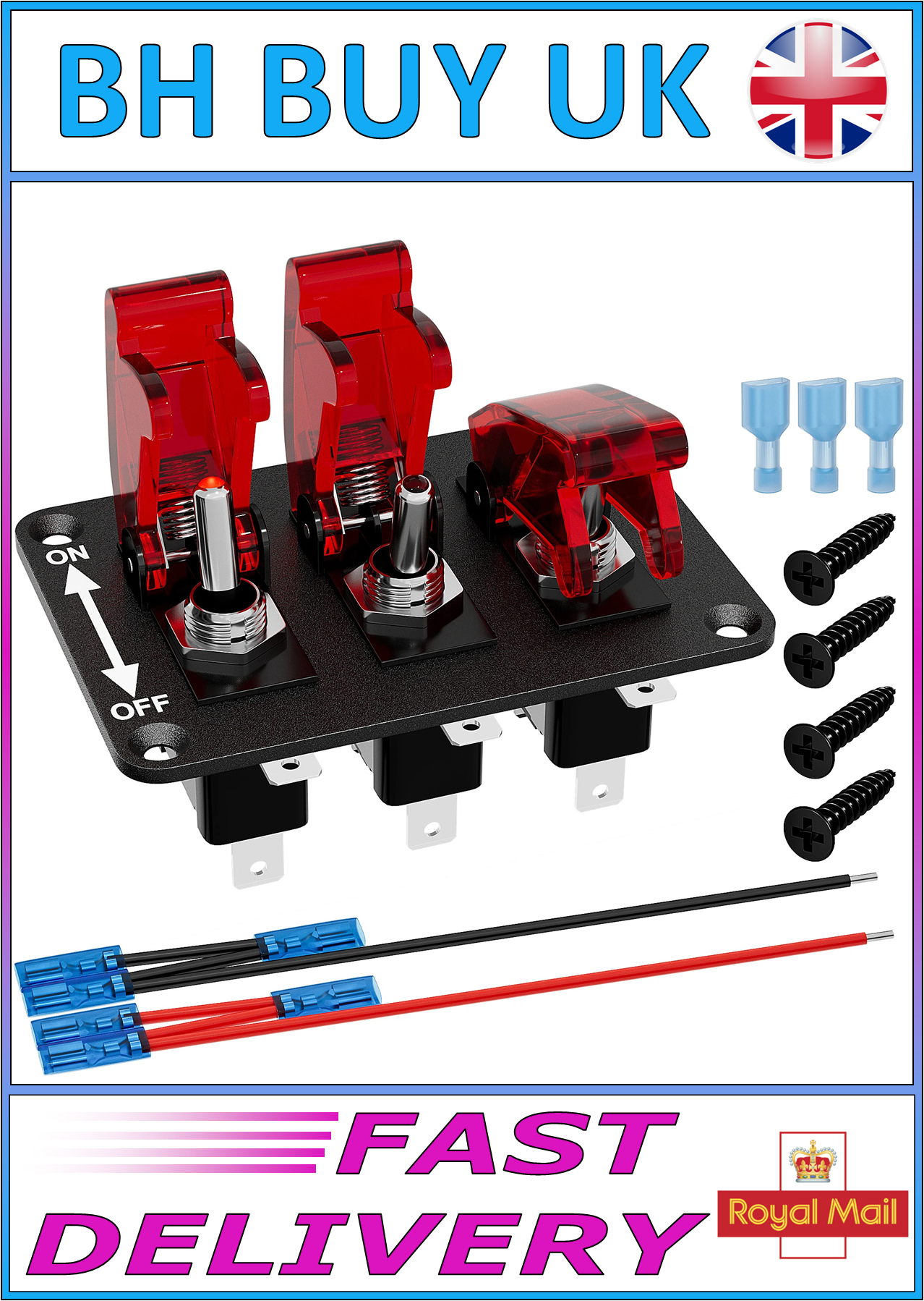 3 GANG TOGGLE SWITCH 12V WITH FLIP COVER & LED