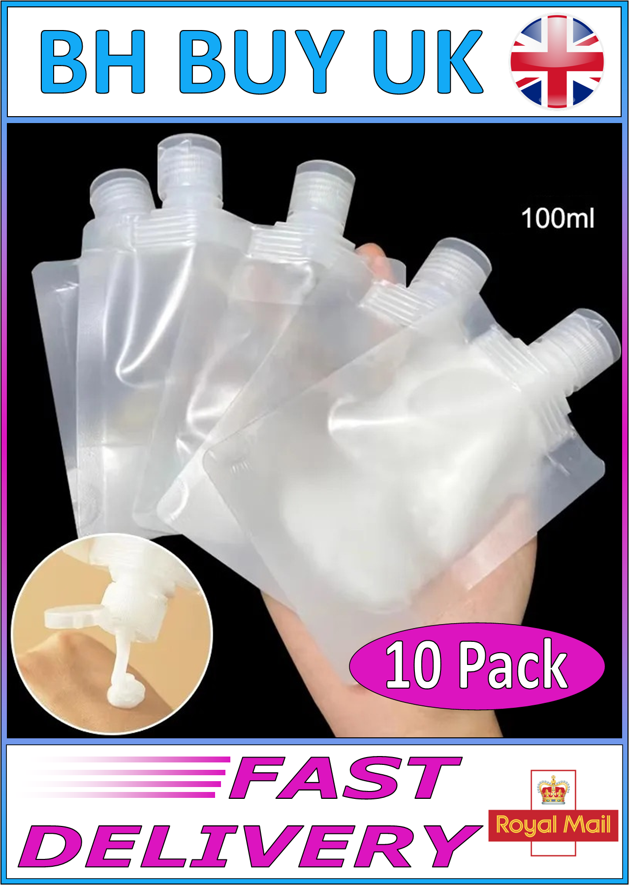 10 x 100ml TRAVEL PORTABLE SIZE REFILLABLE EMPTY SQUEEZE POUCHS