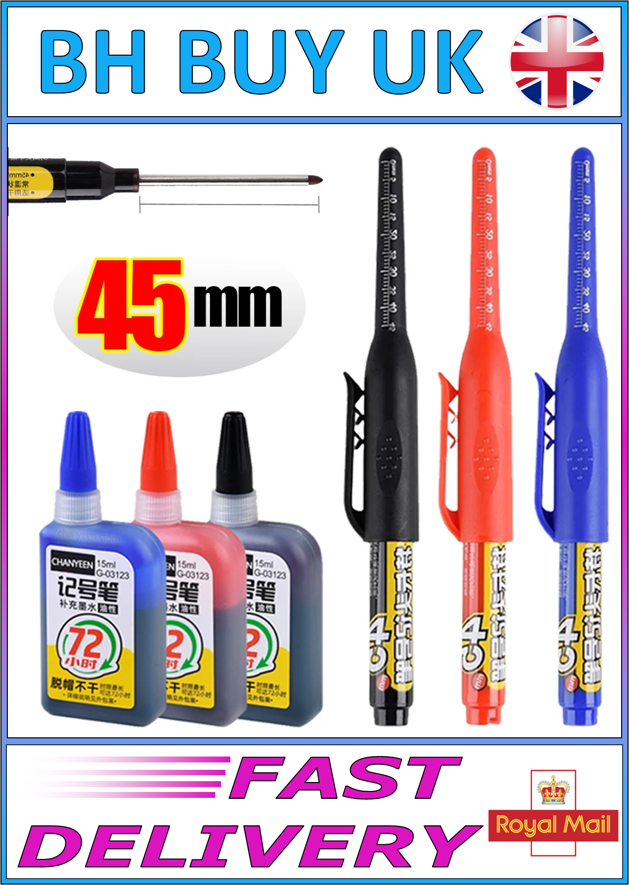 3 x 45mm DEEP HOLE MARKER PENS & 3 INK REFILLS BLACK RED BLUE