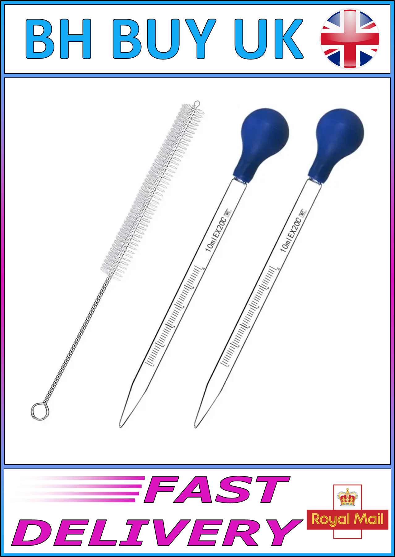 2 x GLASS 10ml PIPETTE WITH CLEANING BRUSH