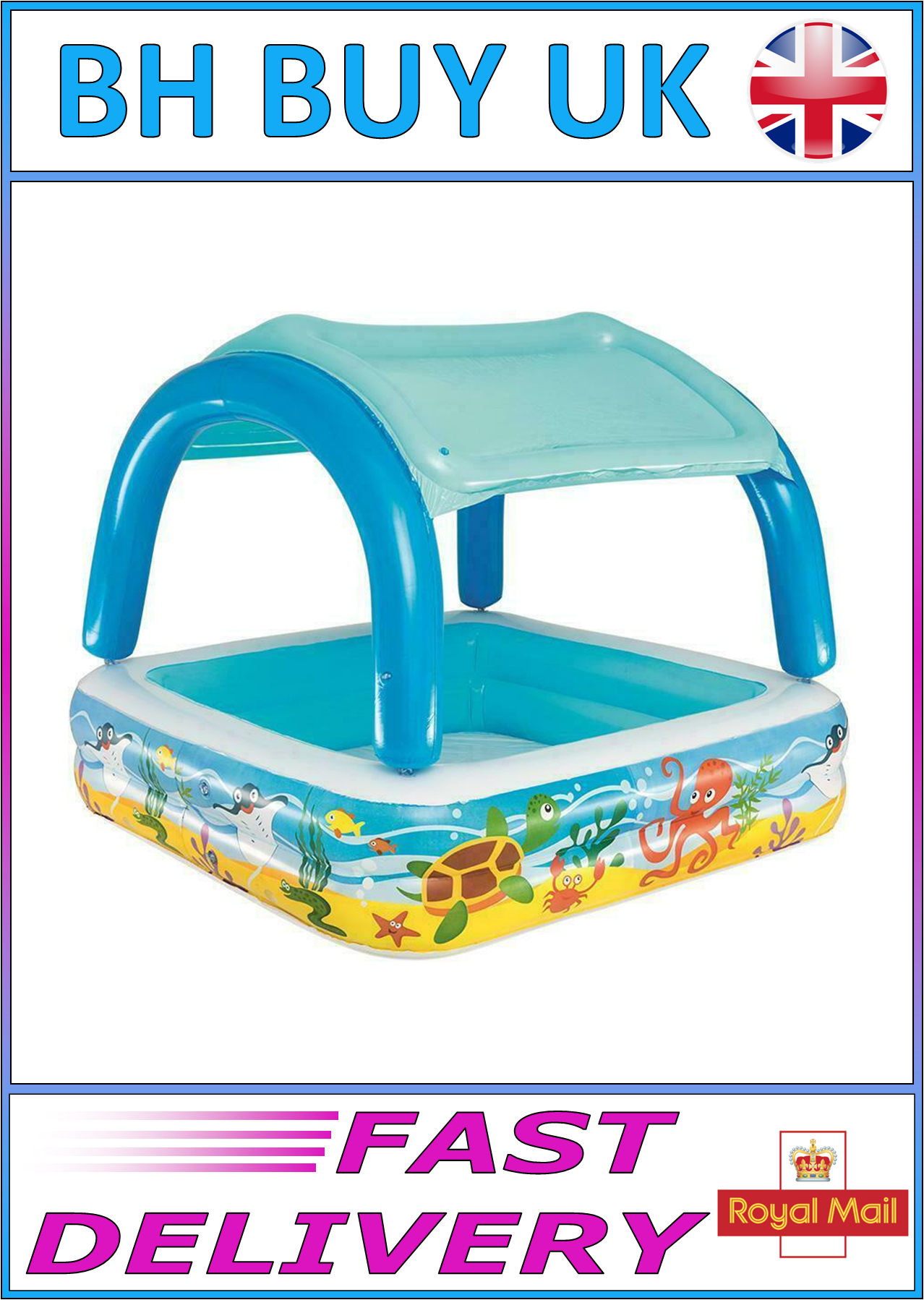 BESTWAY INFLATABLE KIDS PADDLING PLAY POOL 1.4m x 1.4m x 1.14m WITH CANOPY