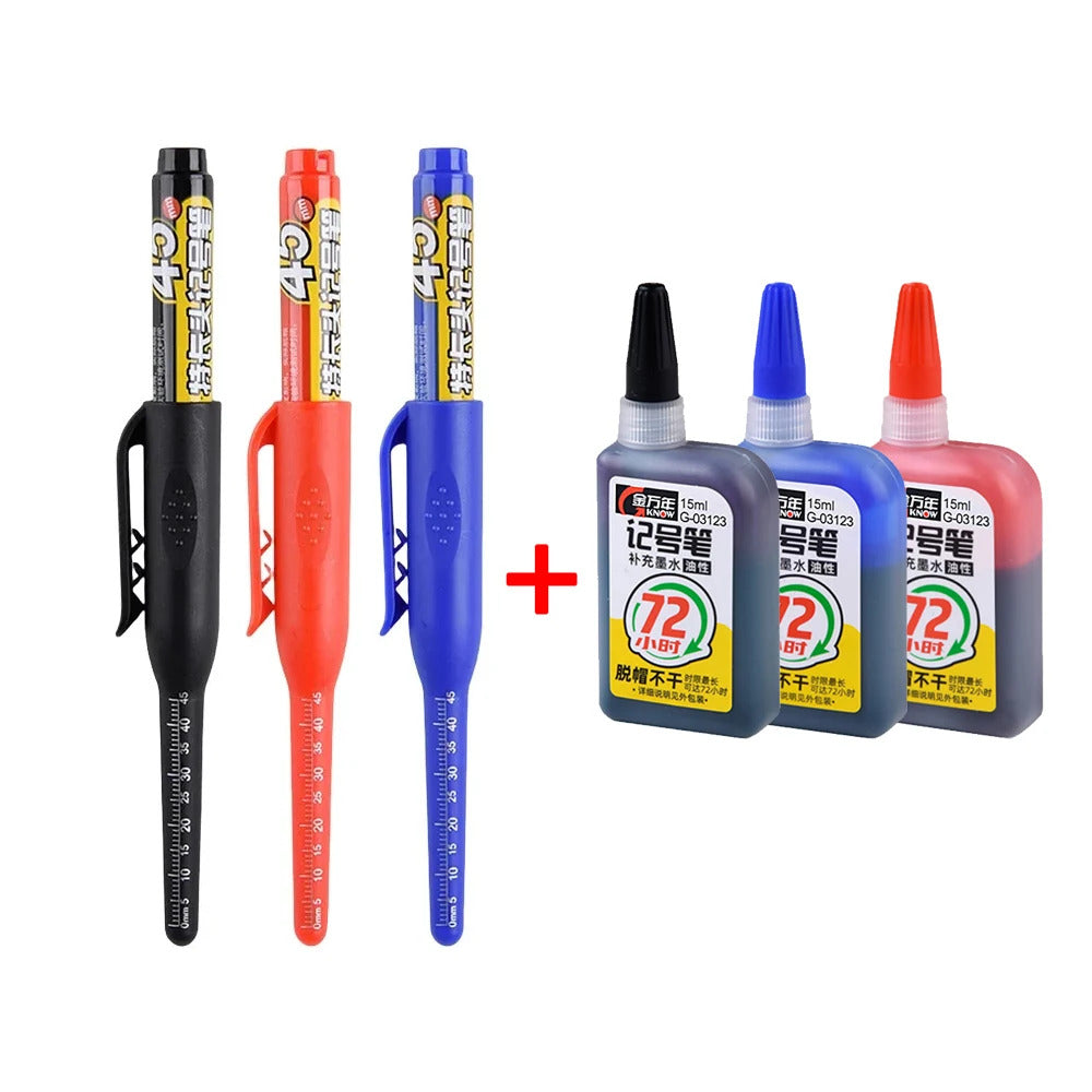 3 x 45mm DEEP HOLE MARKER PENS & 3 INK REFILLS BLACK RED BLUE