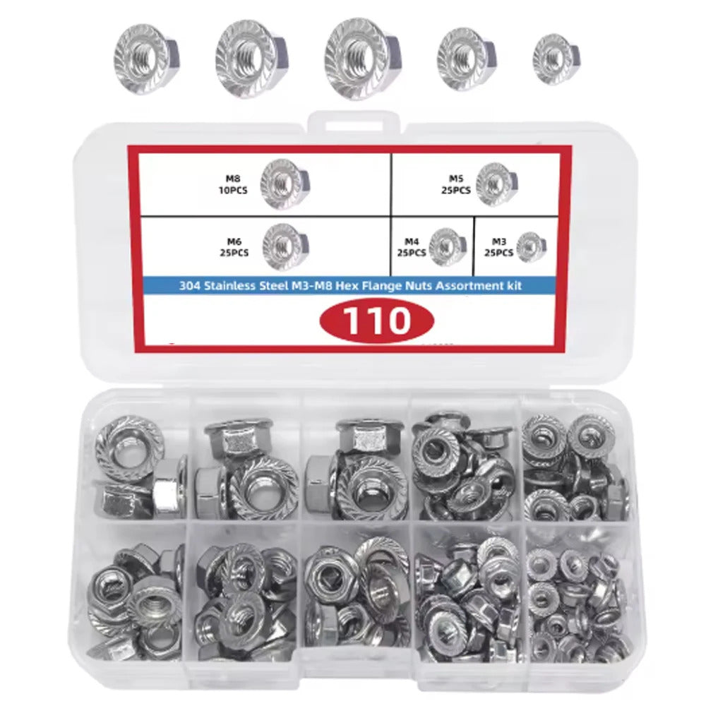 110 x STAINLESS STEEL M3 - M8 HEX FLANGE NUTS