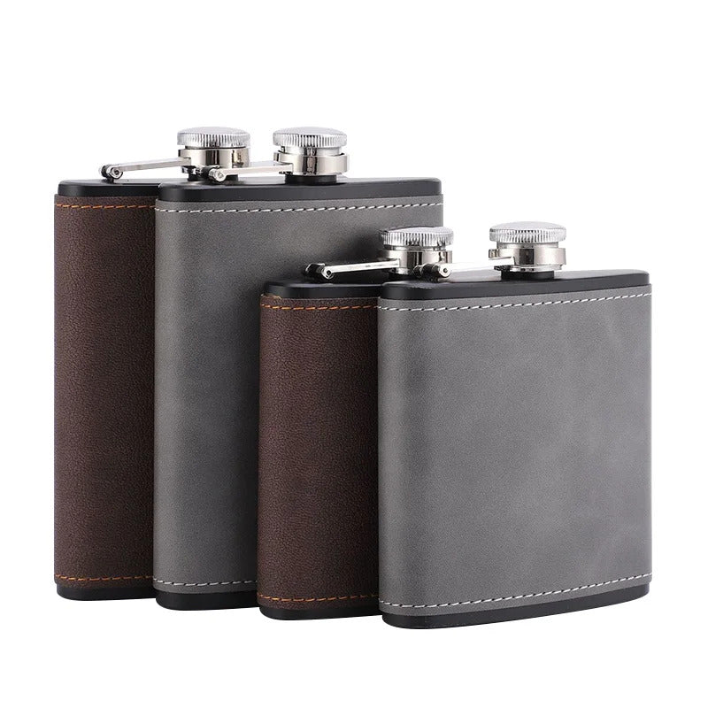 BROWN & GREY HIP FLASK 6oz 8oz STAINLESS STEEL
