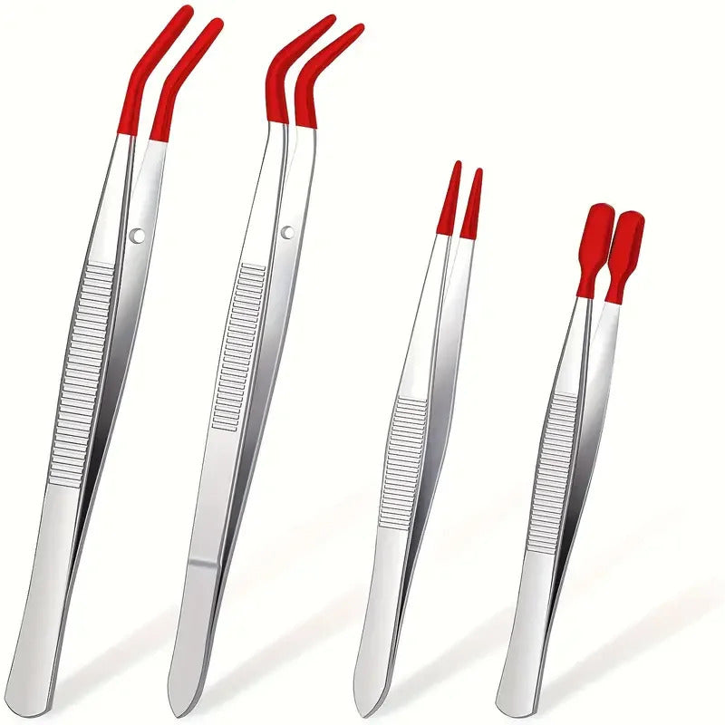 4 x RUBBER TIPPED TWEEZER SET