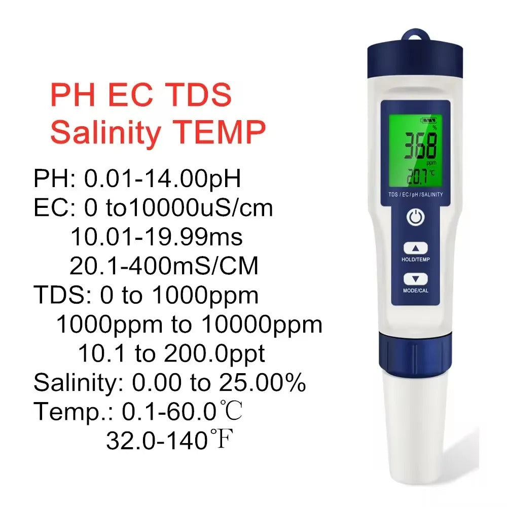 5 IN 1 DIGITAL WATER QUALITY TESTER PH TDS EC SALINITY TEMPERATURE METER
