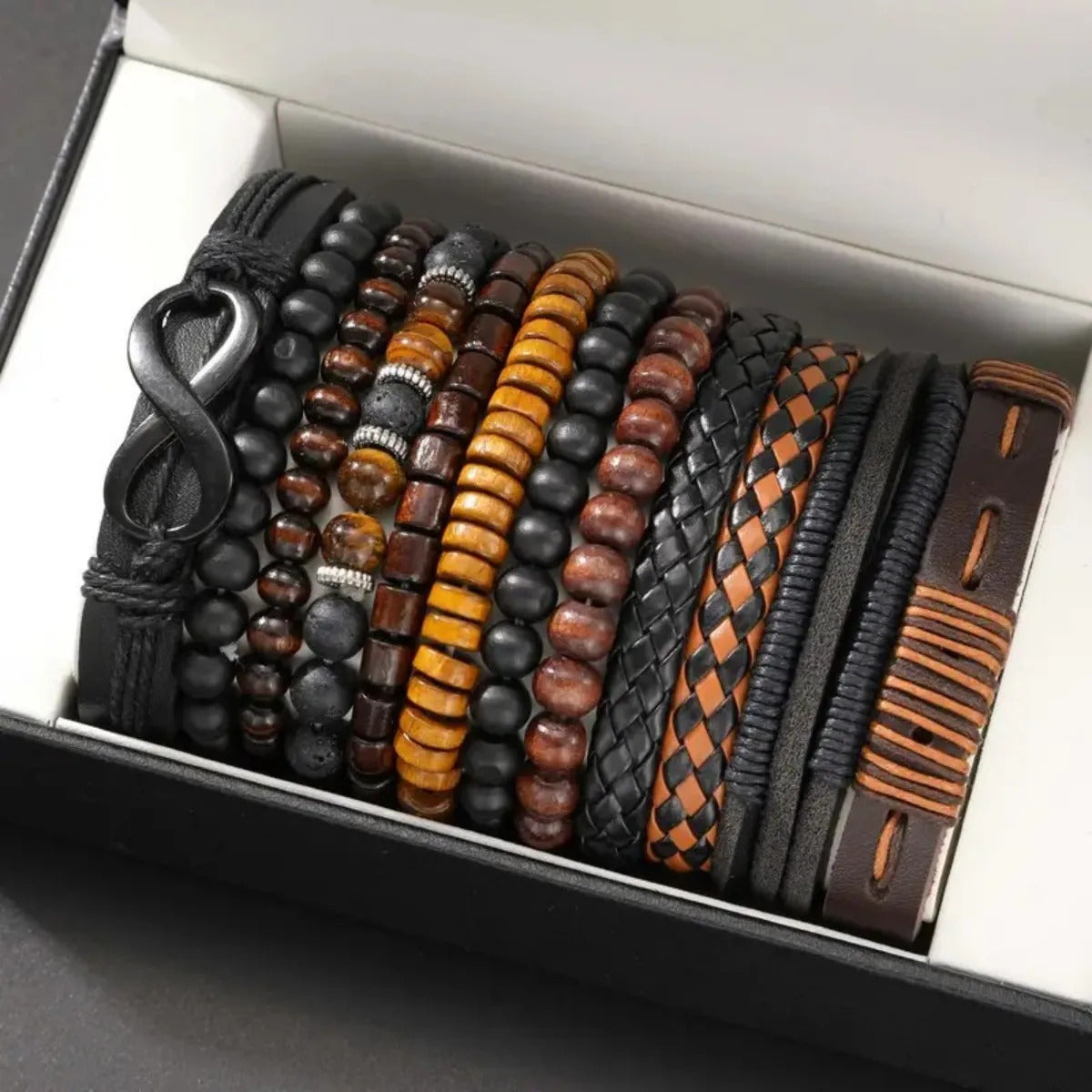 12 x VINTAGE TIGER'S EYE & MOONSTONE STYLE BRACELET SET – WOVEN FAUX LEATHER 03