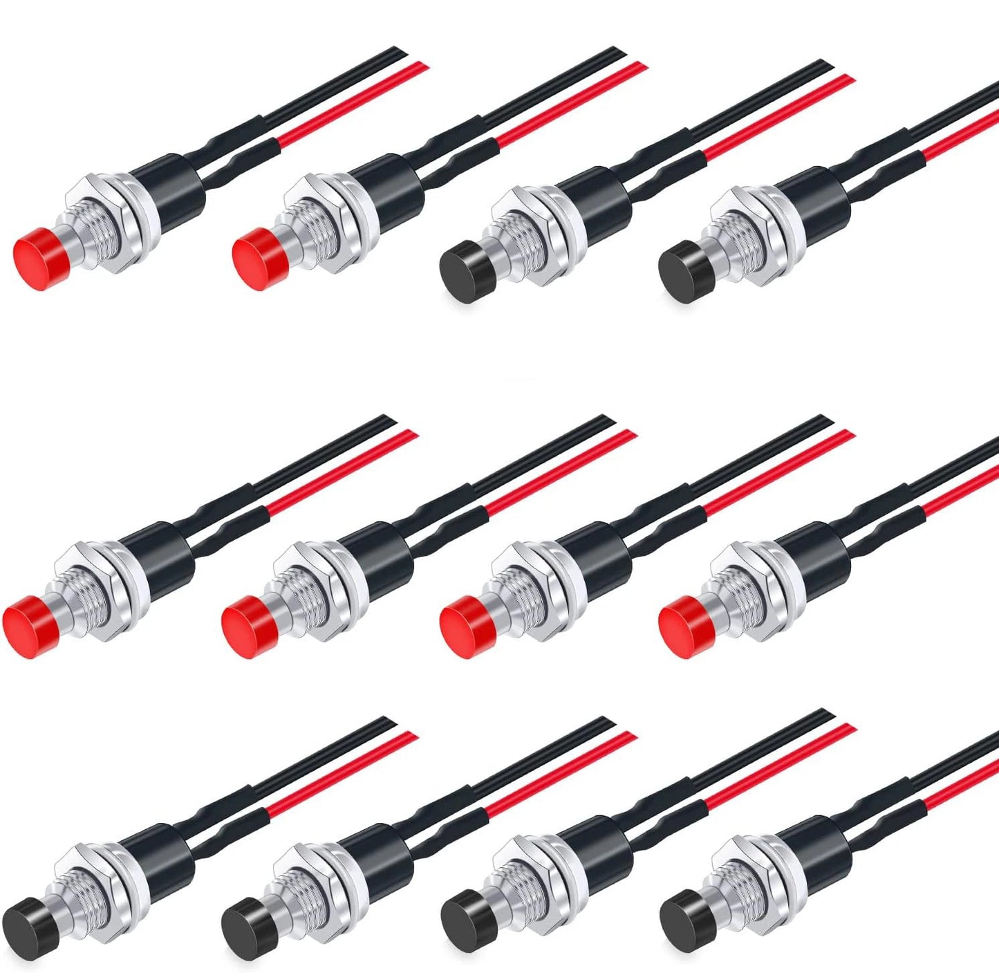 12 x PRE WIRED MINI MOMENTARY PUSH SWITCHES BLACK & RED 7mm SPST
